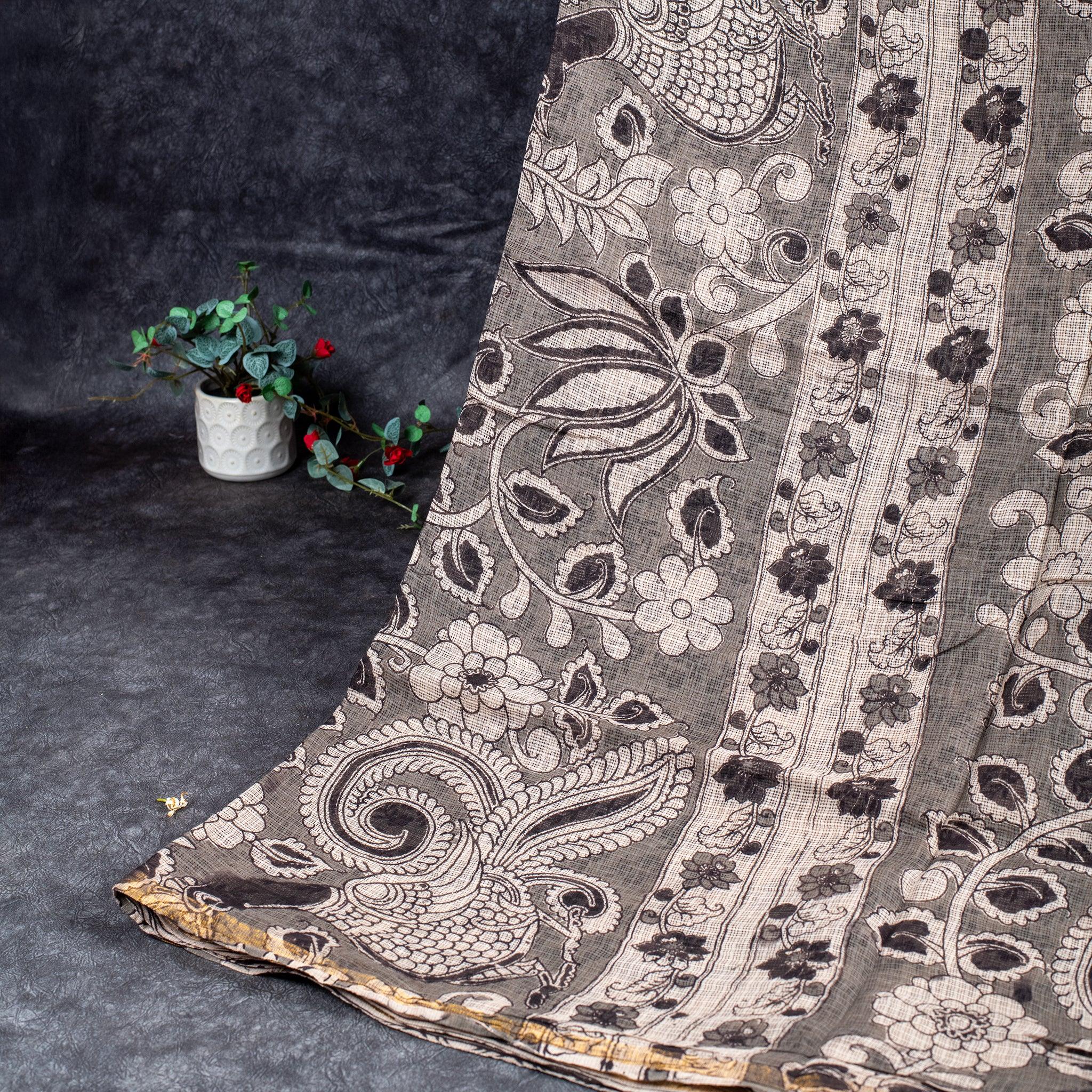 Pure Handloom Silk Kota Saree with Floral Digital Print - Elephant Grey & Off-White Secondary image