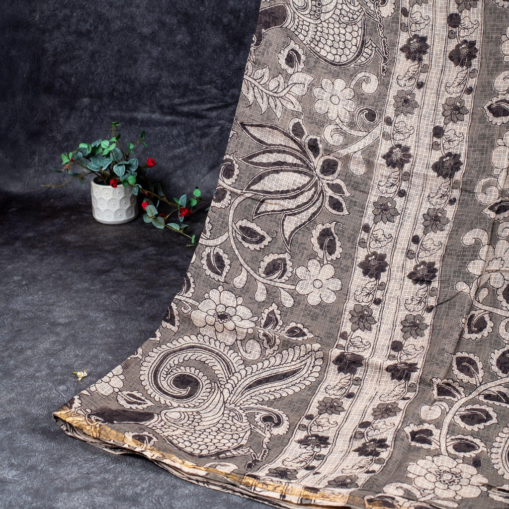 Pure Handloom Silk Kota Saree with Floral Digital Print - Elephant Grey & Off-White - Kleem Boutique