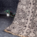 Pure Handloom Silk Kota Saree with Floral Digital Print - Elephant Grey & Off-White - Kleem Boutique
