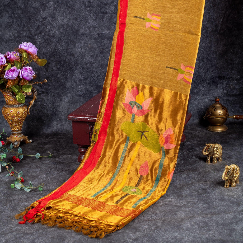 Matka Silk Jamdani Saree – Handwoven Artistic Elegance - Gold - Kleem Boutique