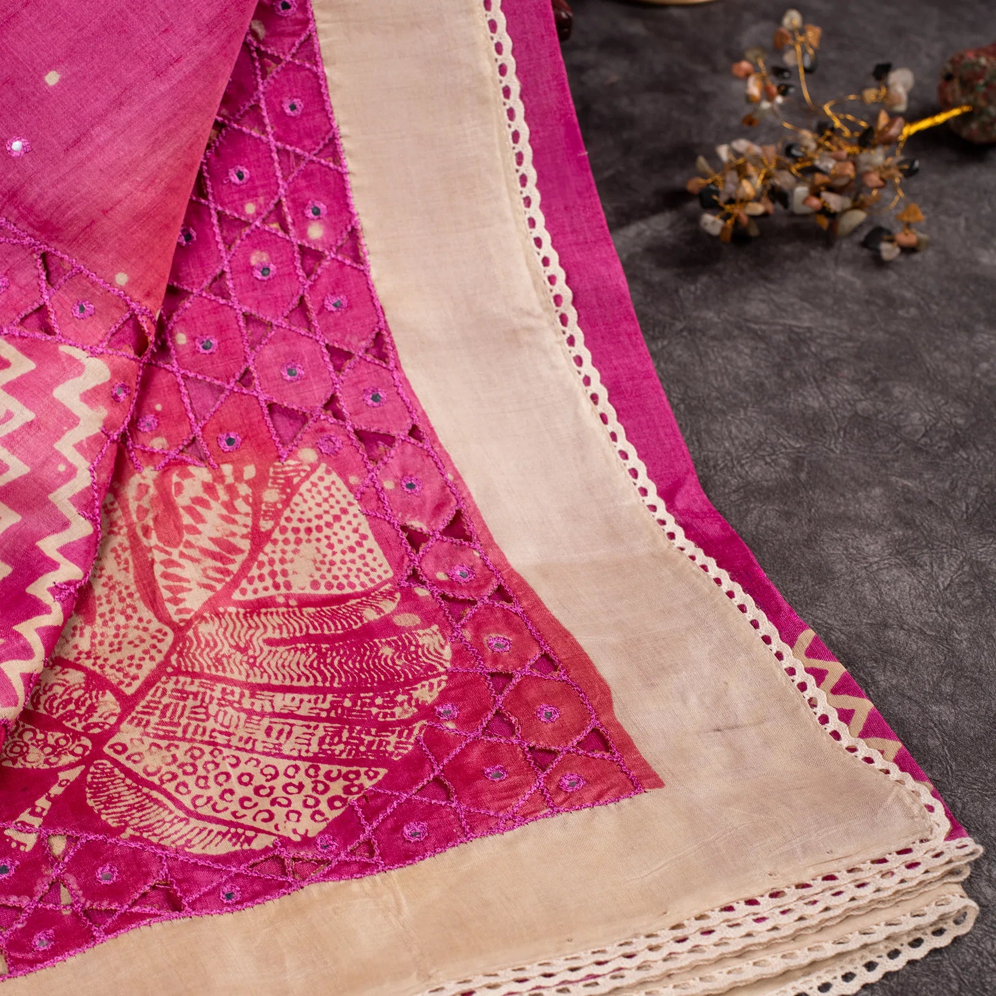 Pure Handloom Tussar Silk Pink Saree with Digital Print, Mirror Work & Cutwork Pallu Secondary image