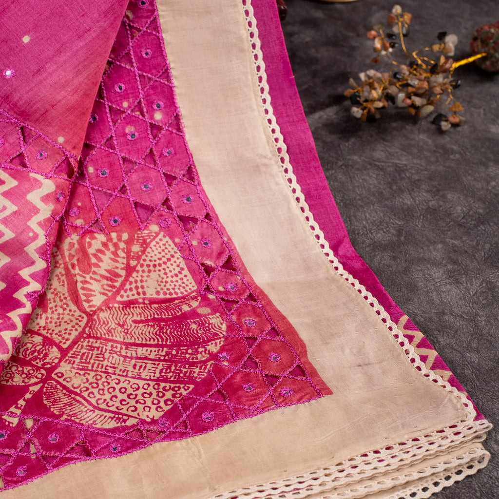 Pure Handloom Tussar Silk Pink Saree with Digital Print, Mirror Work & Cutwork Pallu - Kleem Boutique