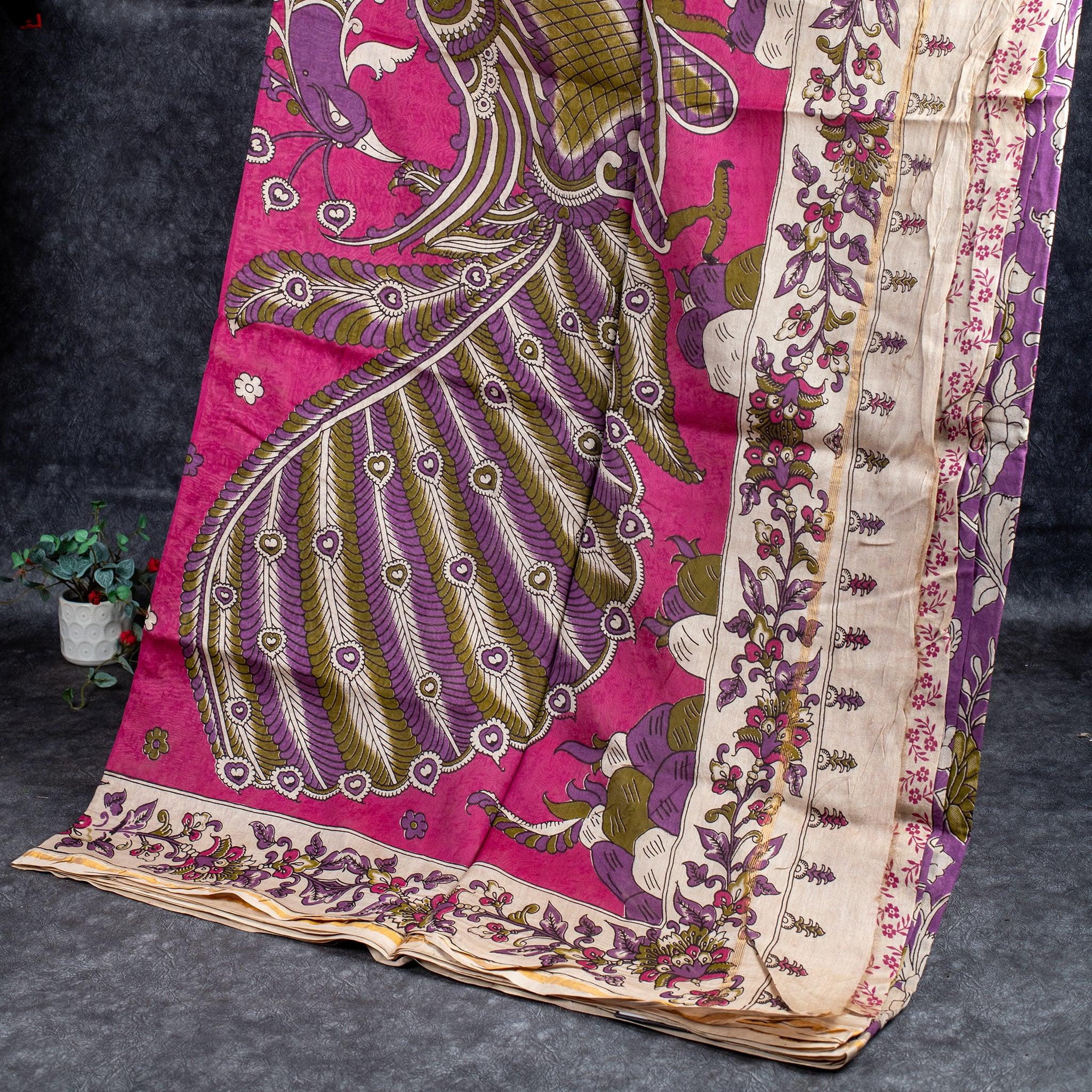 Pure Handloom Chanderi Cotton Saree with Floral Digital Print - Light Lavender Secondary image