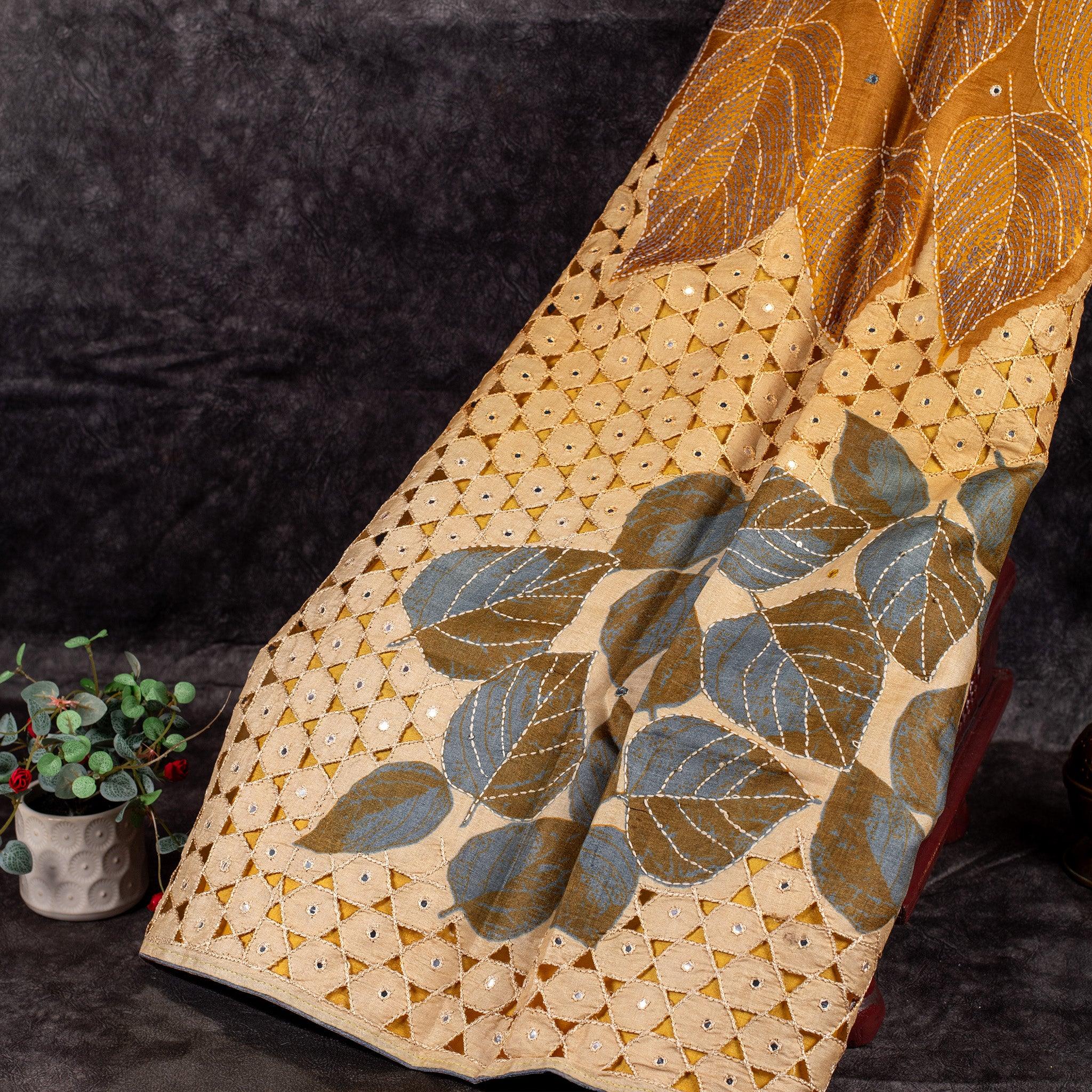 Pure Handloom Tussar Silk Off-White & Yellow Saree with Digital Print, Kantha & Cutwork Border Secondary image