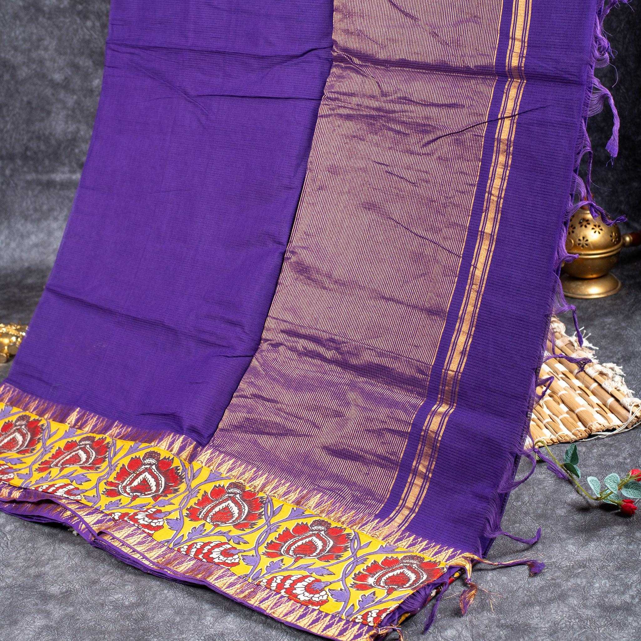 Pure Handloom MG Cotton Saree with Kalamkari Patch Work - Purple Secondary image