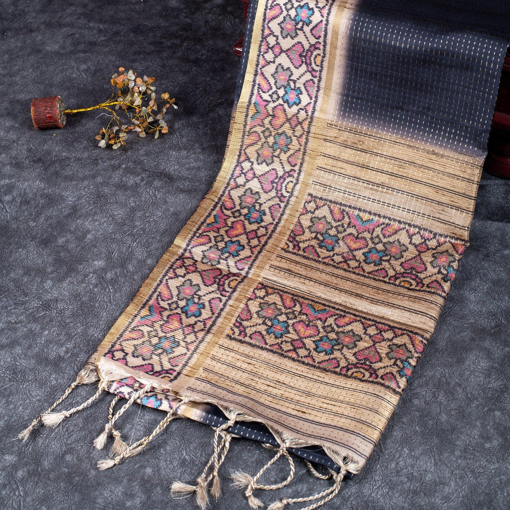 Semi Tussar Silk Saree – Zari Dotted Lines with Contrast Pallu - Kleem Boutique