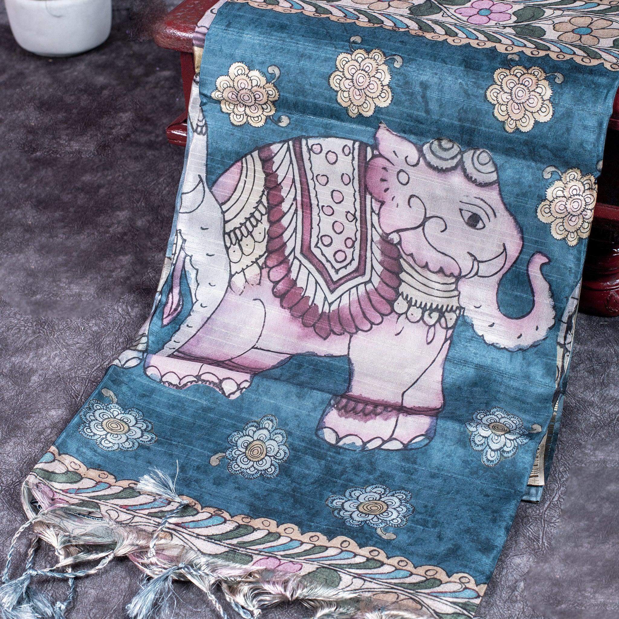 Semi Tussar Silk Saree – Kalamkari Floral & Animal Motifs Secondary image