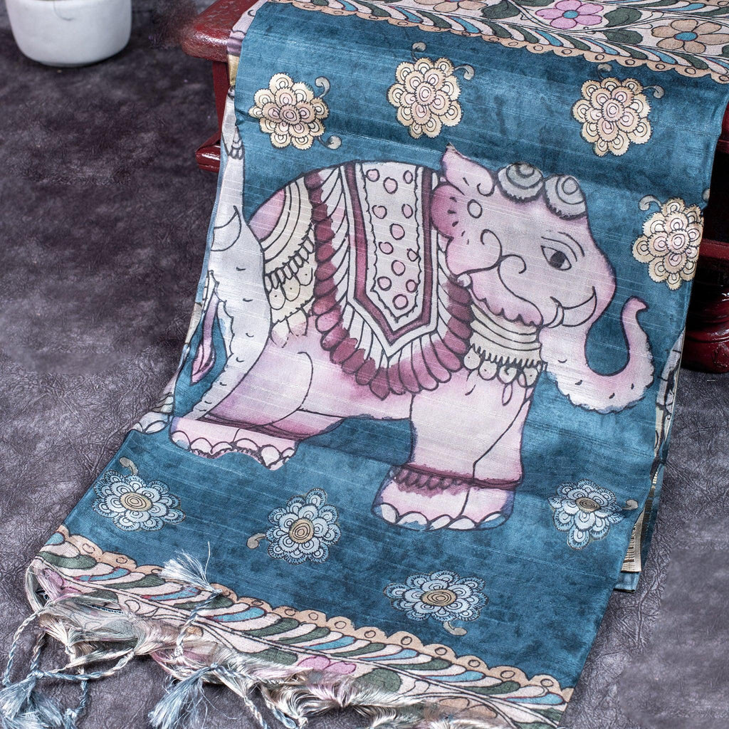 Semi Tussar Silk Saree – Kalamkari Floral & Animal Motifs - Kleem Boutique