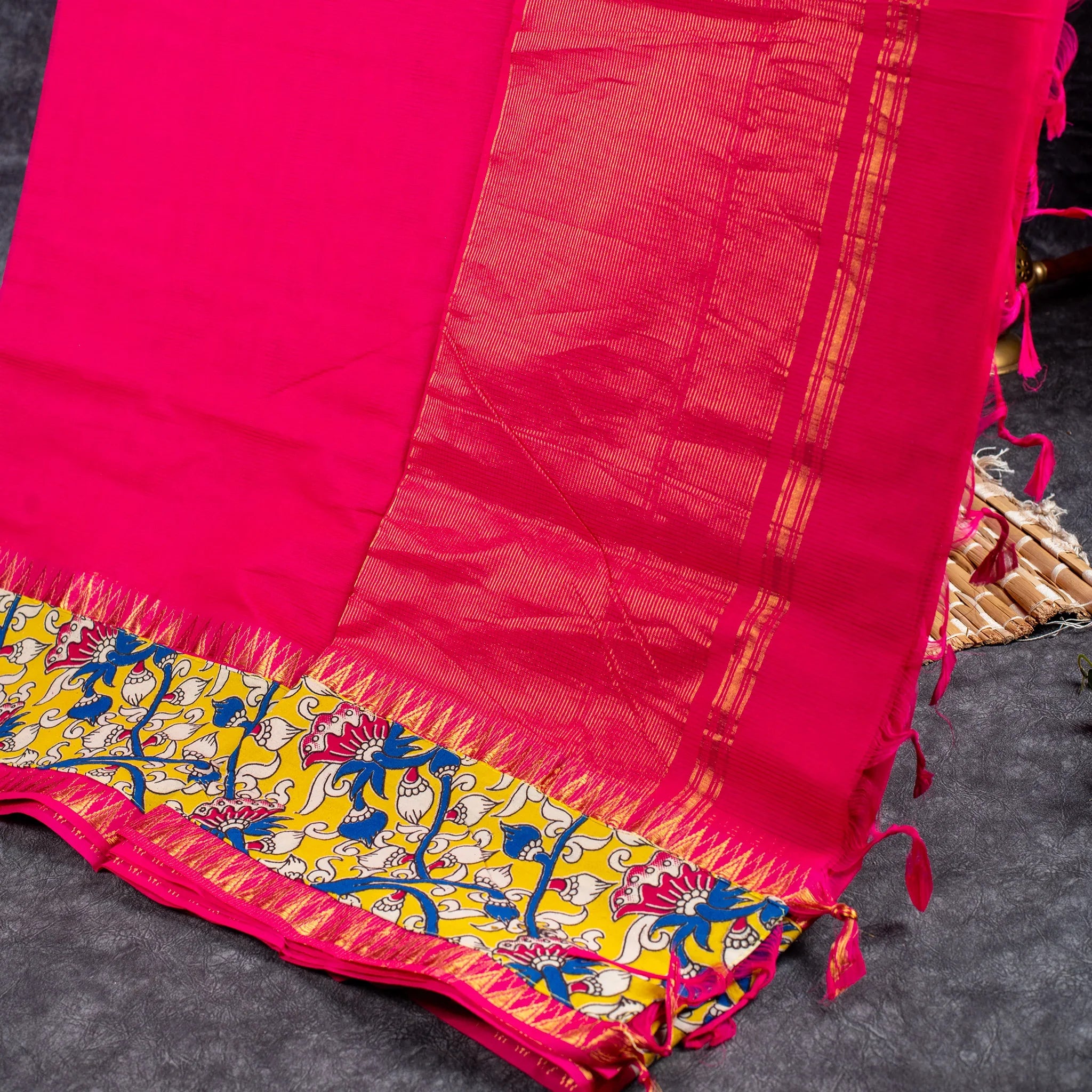 Pure Handloom MG Cotton Saree with Kalamkari Patch Work - Rani Pink Secondary image