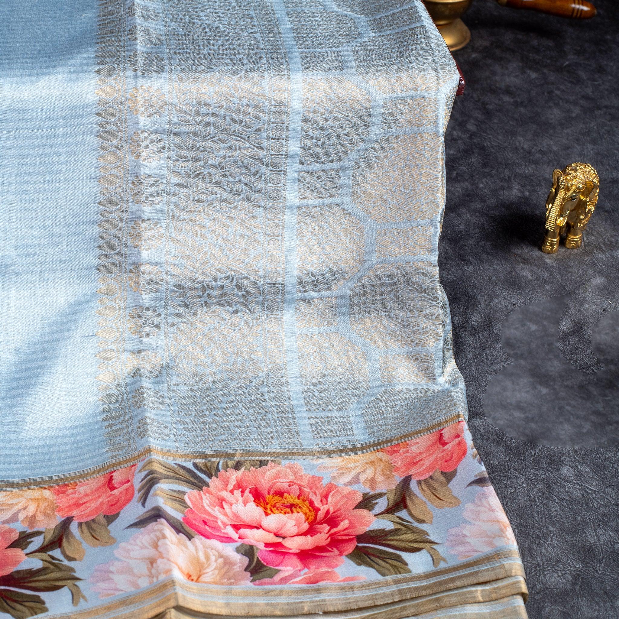 Pure Handloom Patola Saree with Vibrant Digital Border & Rich Zari Pallu – Powder Blue - Kleem Boutique