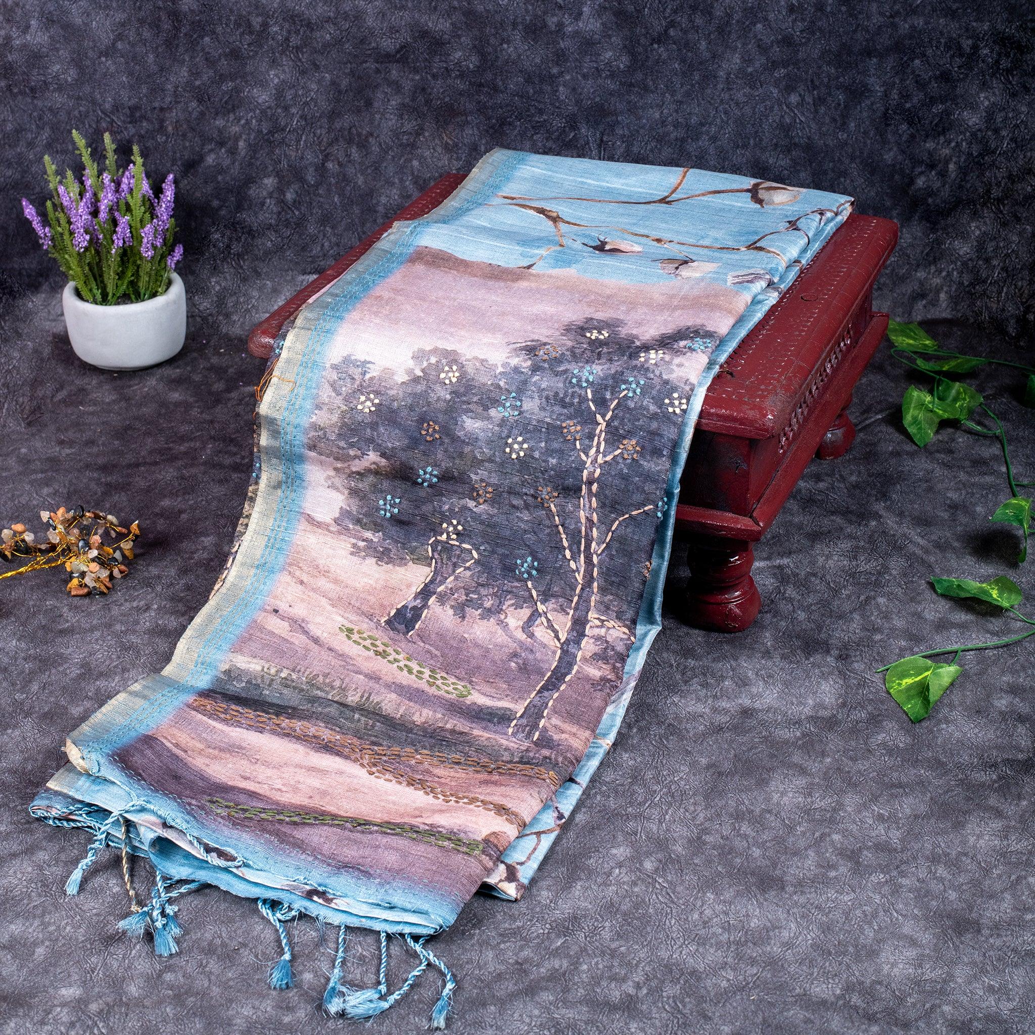 Soft Semi Tussar Silk Saree – Bird & Floral Digital Print - Kleem Boutique