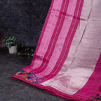 Pure Handloom Banarasi Kora Saree with Pink Stripes & Pitta Work