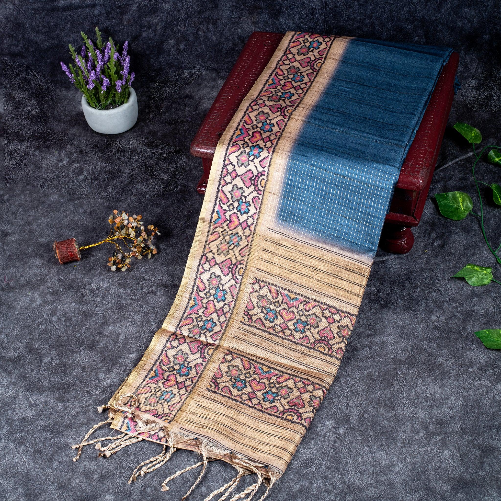 Semi Tussar Silk Saree – Zari Dotted Lines with Contrast Pallu - Kleem Boutique