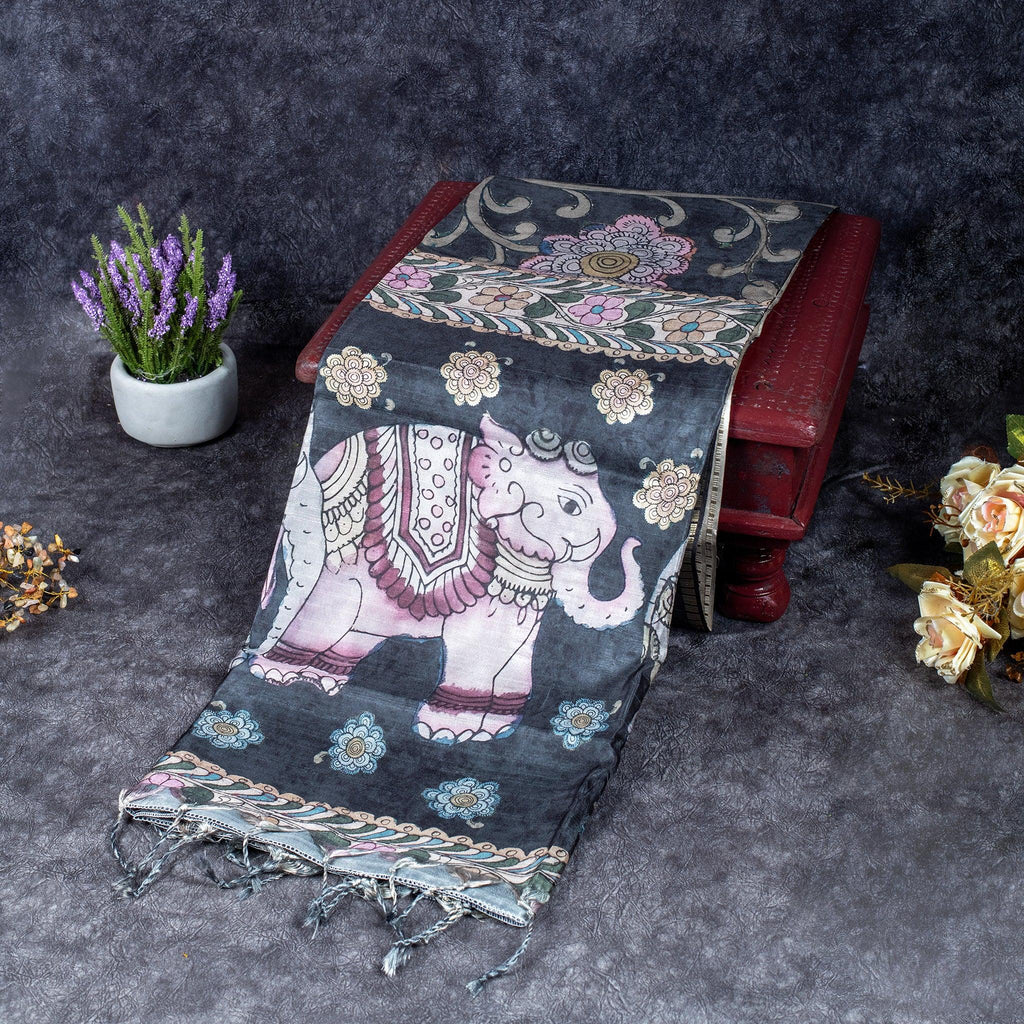 Semi Tussar Silk Saree – Kalamkari Floral & Animal Motifs - Kleem Boutique