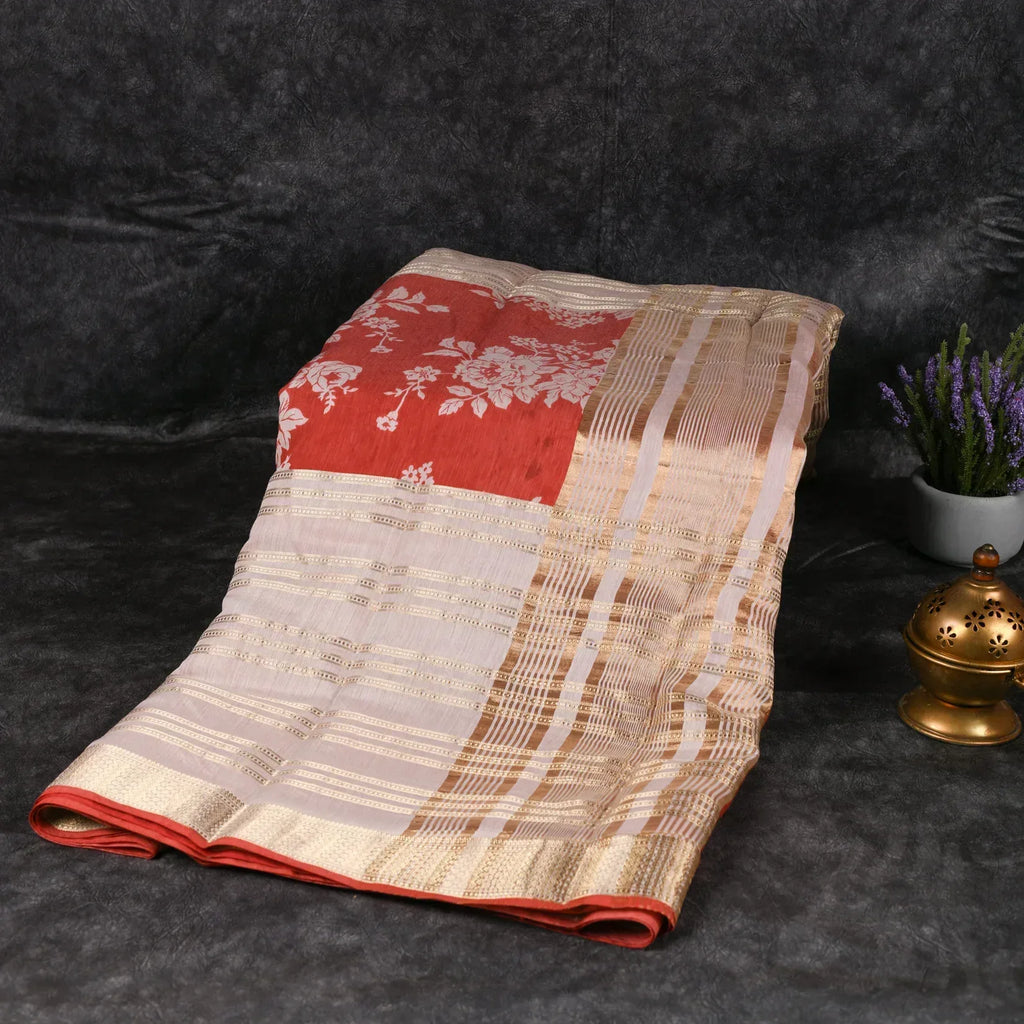 Chandheri Silk Off-White & Red Saree with Floral and Stripe Design - Kleem Boutique