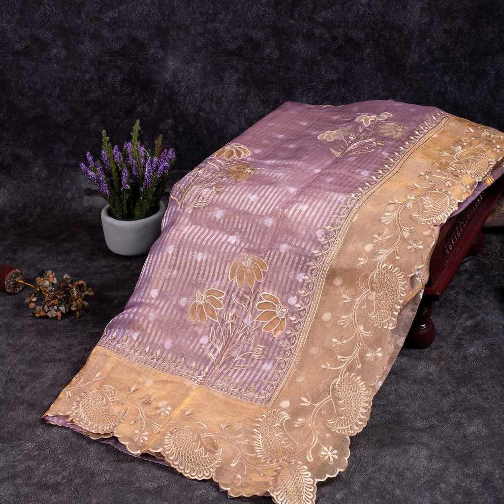 Pure Handloom Tissue Kora Saree – Applique & Embroidery Work - Kleem Boutique