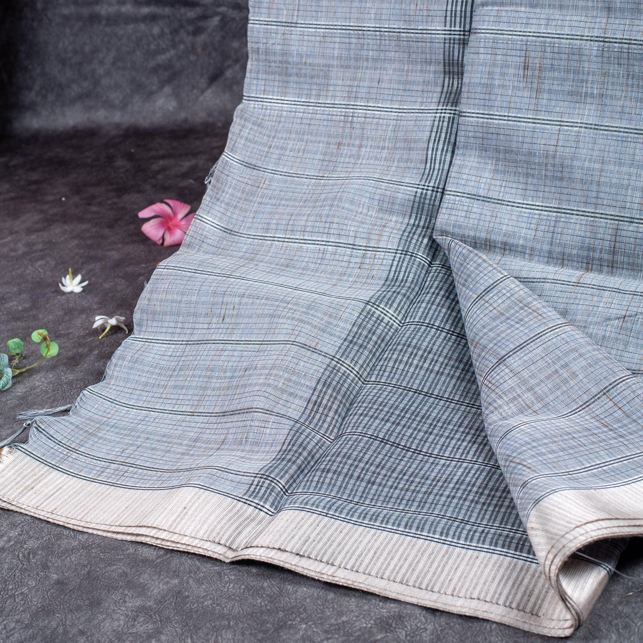 Handloom Cotton Weaving Saree - Grey - Kleem Boutique