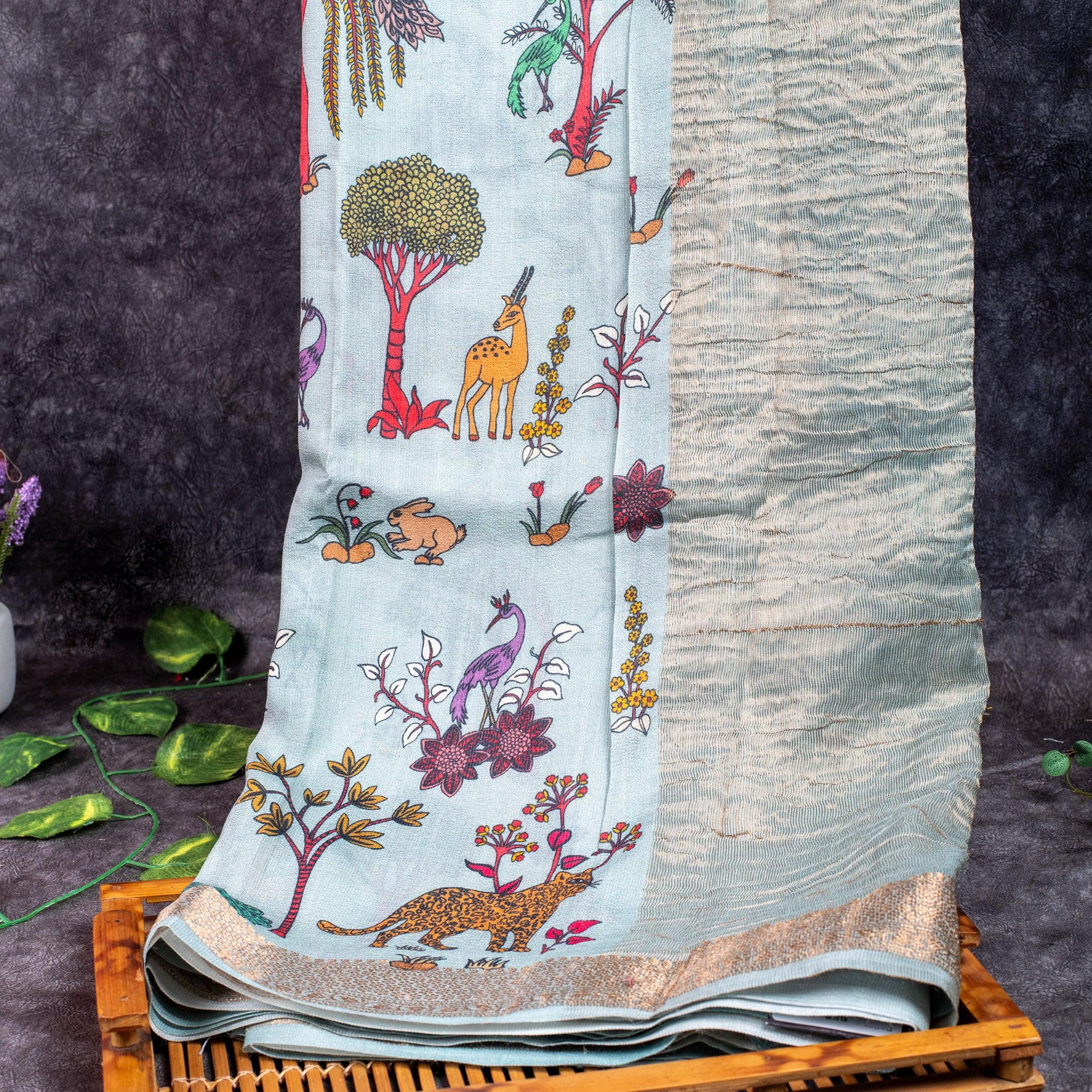 Pure Handloom Tussar Silk Saree – Digital Print with Antique Zari Border Secondary image