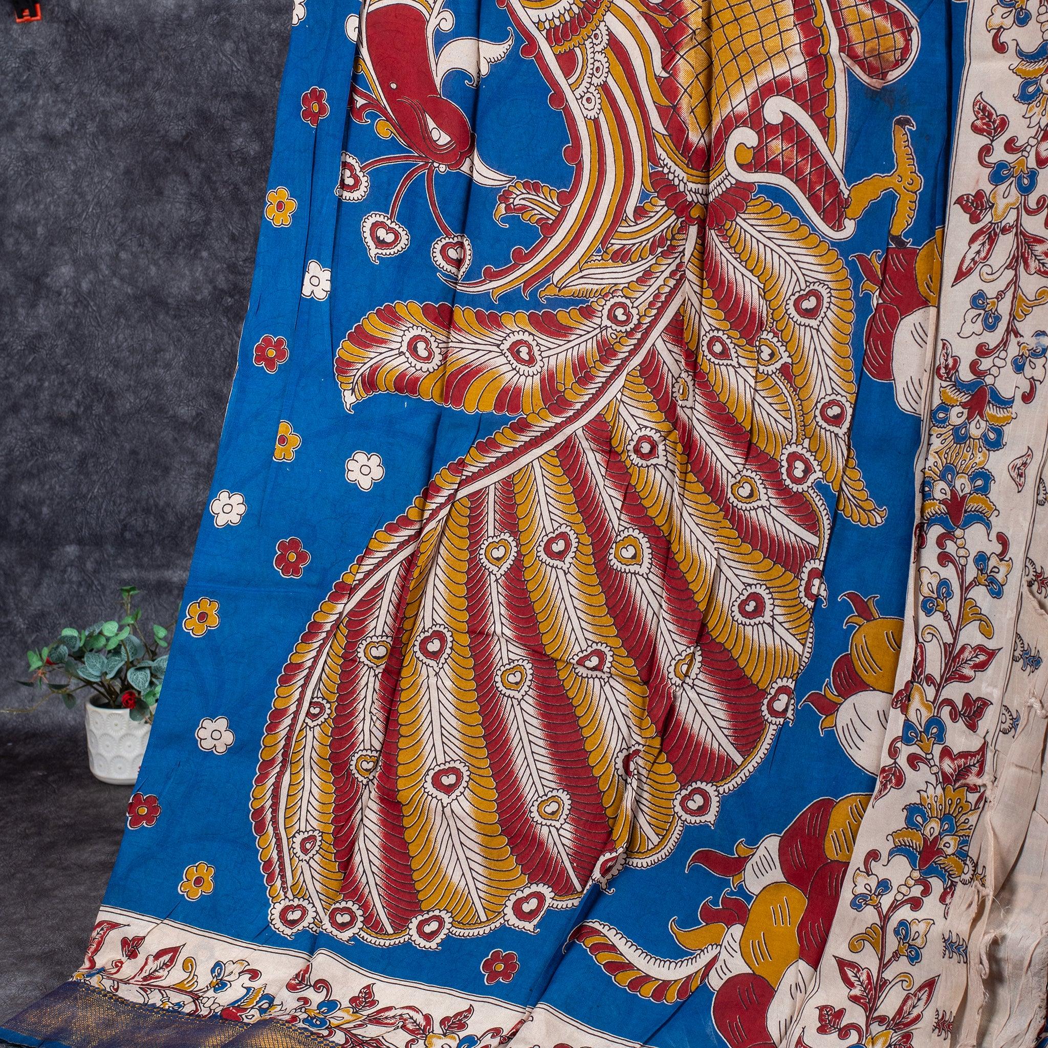 Pure Handloom Nizam Border Silk Saree with Kalamkari Print - Red & Blue - Kleem Boutique