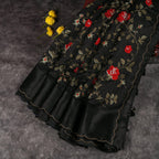 Tussar Jute Black Saree with Cross-Stitch Embroidery and Scallop Border - Kleem Boutique