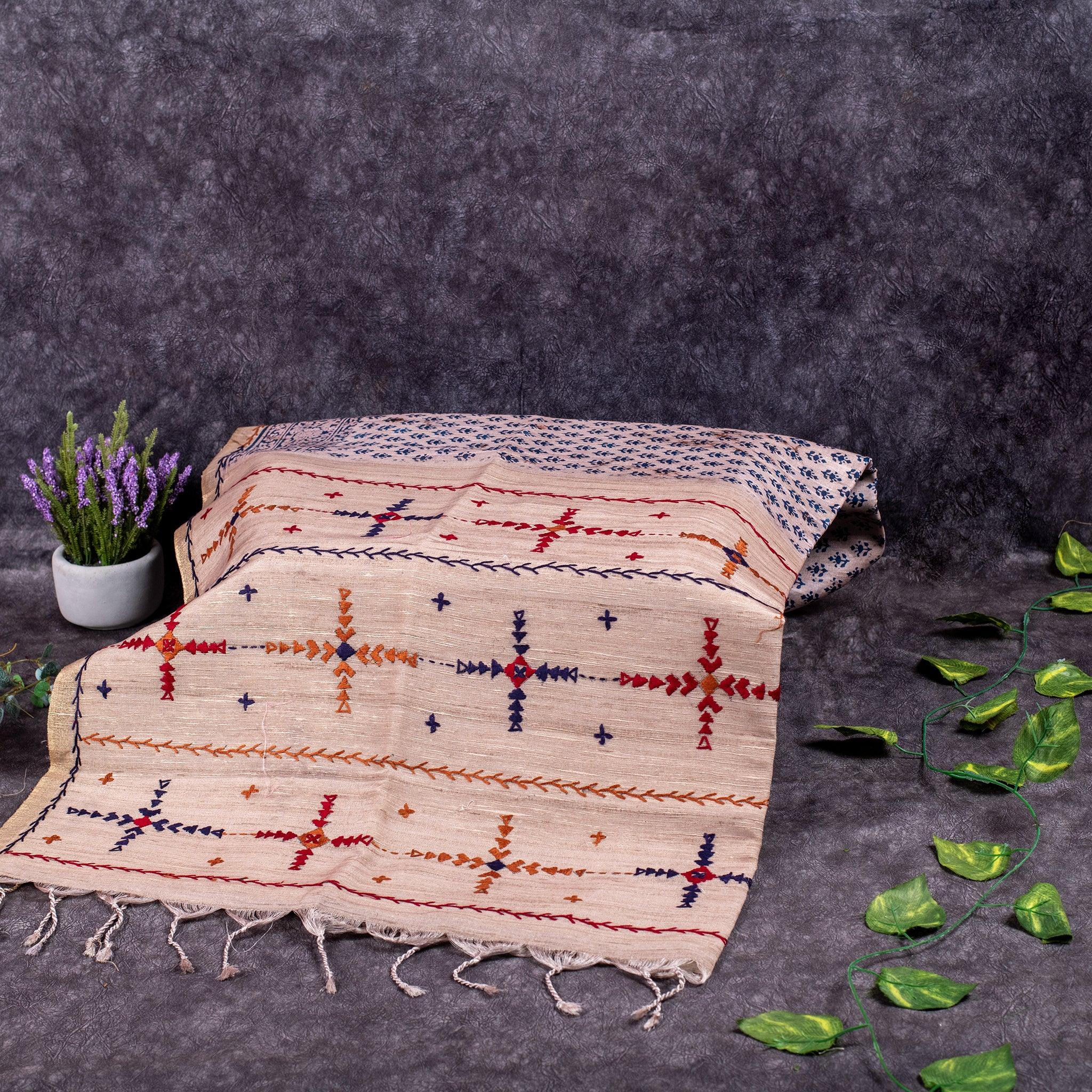 Semi Tussar Silk Saree – Dabu Print with Kantha Work Pallu - Kleem Boutique