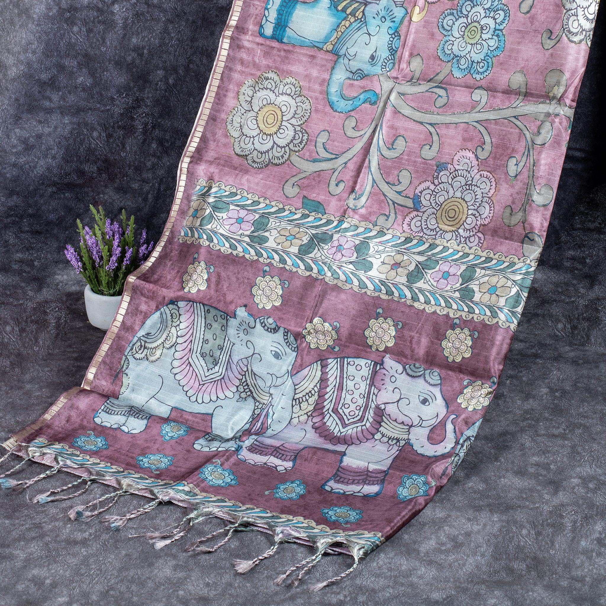 Semi Tussar Silk Saree – Kalamkari Floral & Animal Motifs - Kleem Boutique