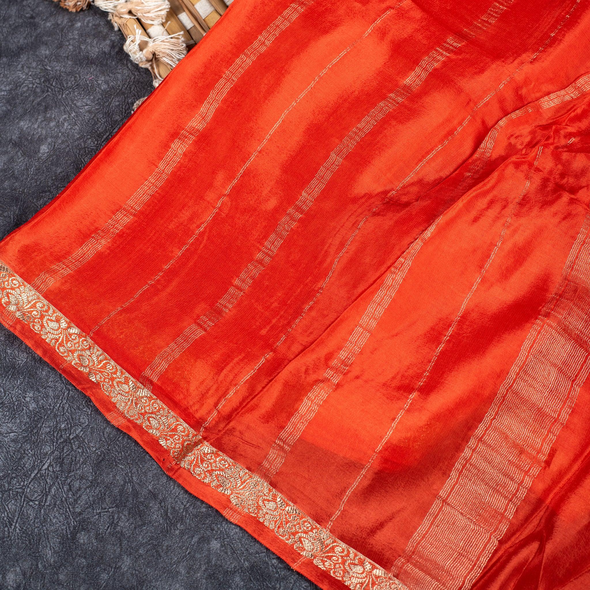 Mysore Crepe Sarees with Contrast Blouse - Orange Secondary image