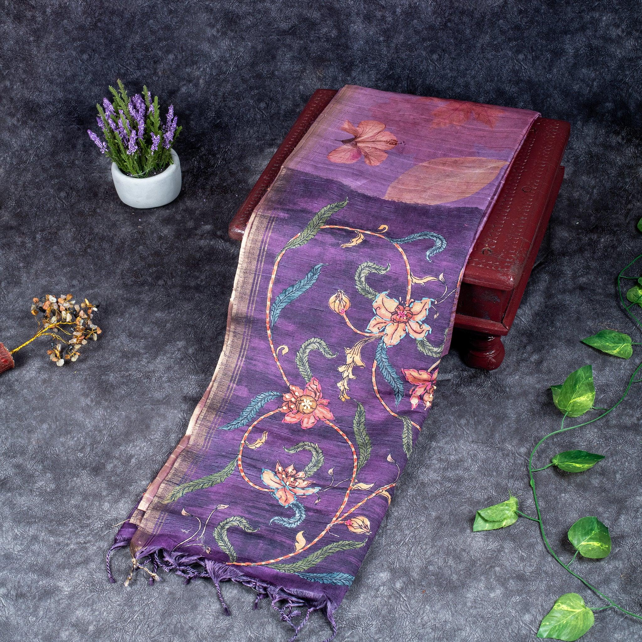 Semi Tussar Silk Saree – Eco Digital Floral & Leaf Print Secondary image
