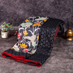 Pure Handloom Tussar Silk Black Saree with Floral & Bird Digital Print and Mirror Cutwork - Kleem Boutique