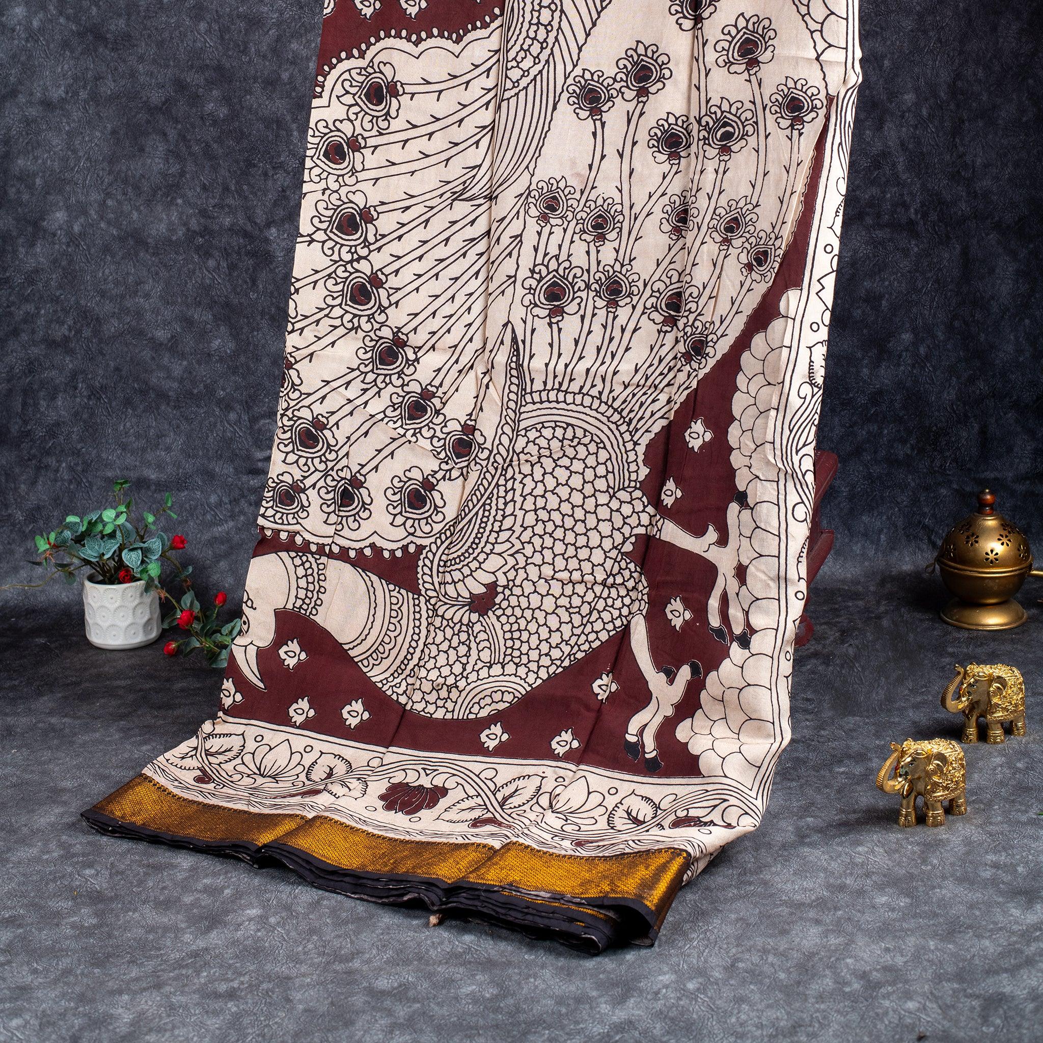 Pure Handloom Nizam Border Silk Saree with Kalamkari Print - Coffee Brown Secondary image