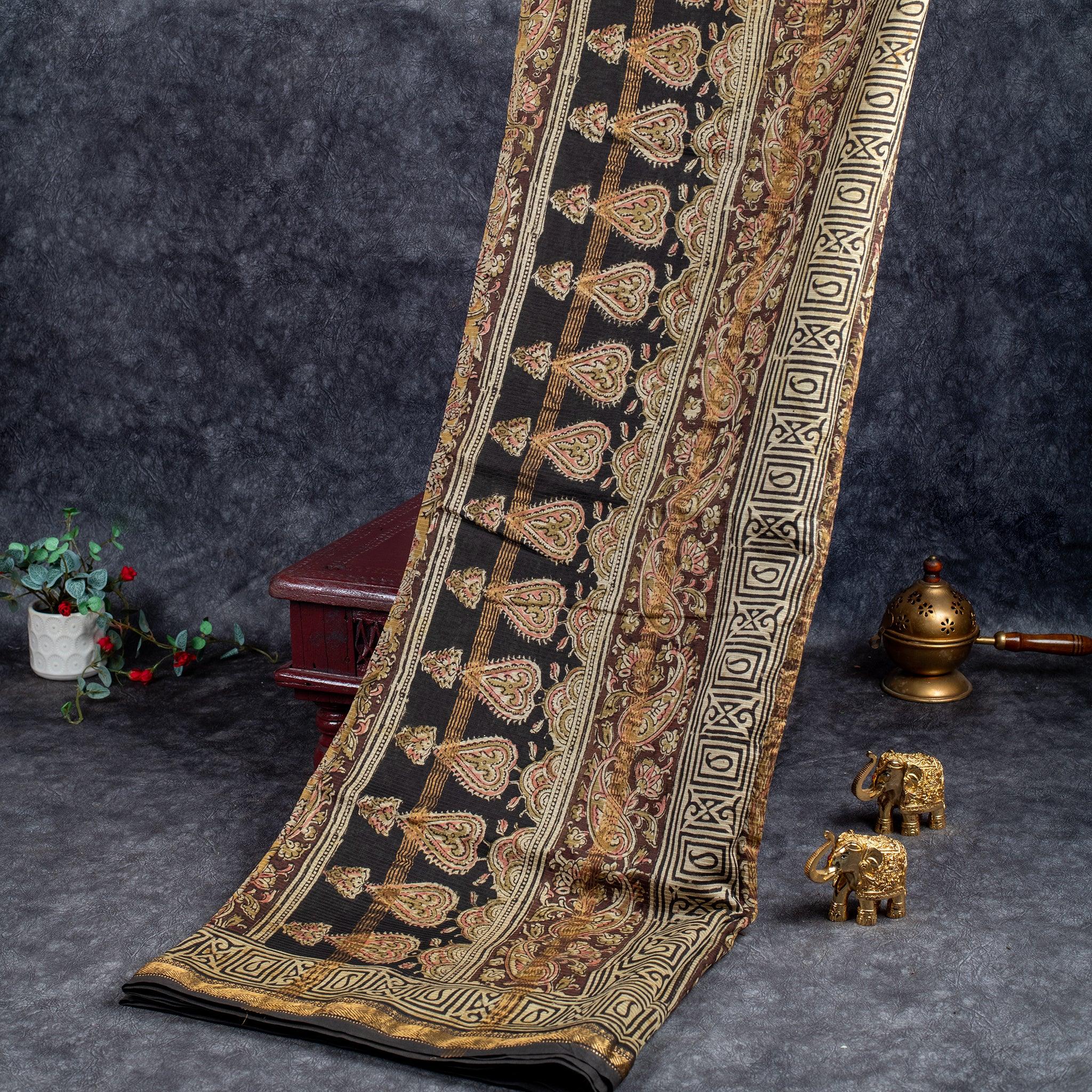 Pure Handloom Maheshwari Cotton Saree with Floral Digital Print - Light Greenish Yellow Secondary image