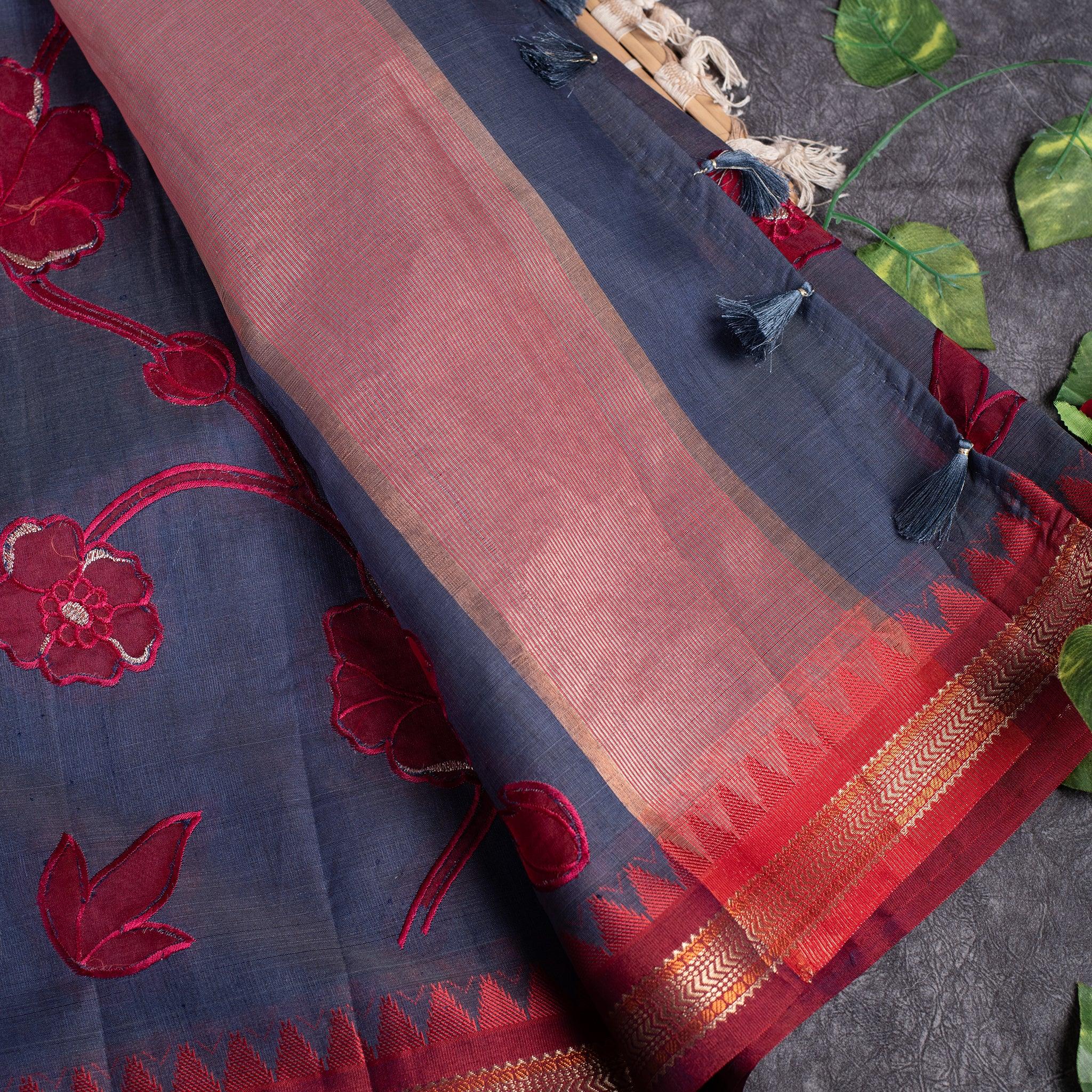 Semi Tussar Silk Saree – Vidarbha Style with Applique Work - Kleem Boutique