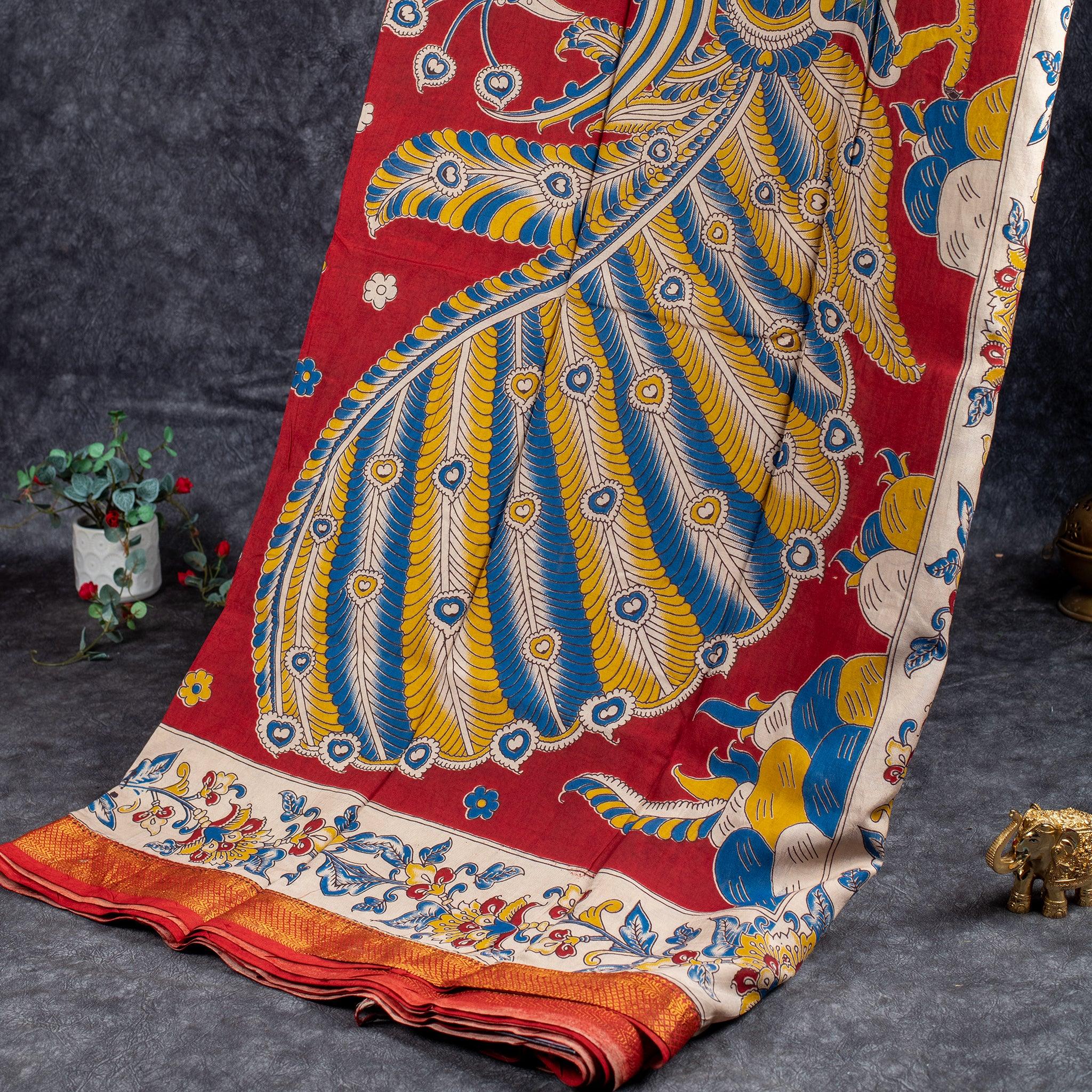 Pure Handloom Nizam Border Silk Saree with Kalamkari Print - Pale yellow with Off White - Kleem Boutique