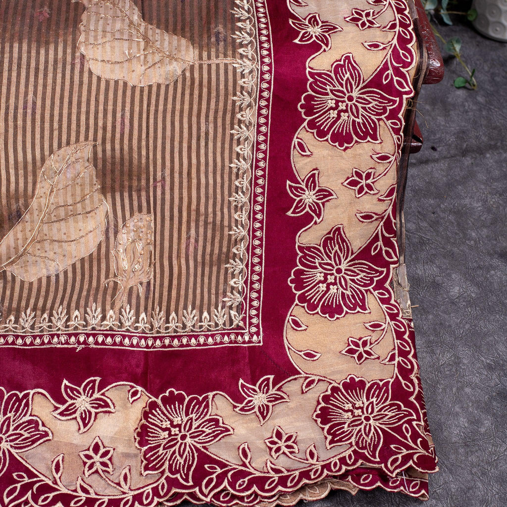 Tissue Organza Saree – Vertical Stripes with Aari & Floral Cutwork Border - Kleem Boutique