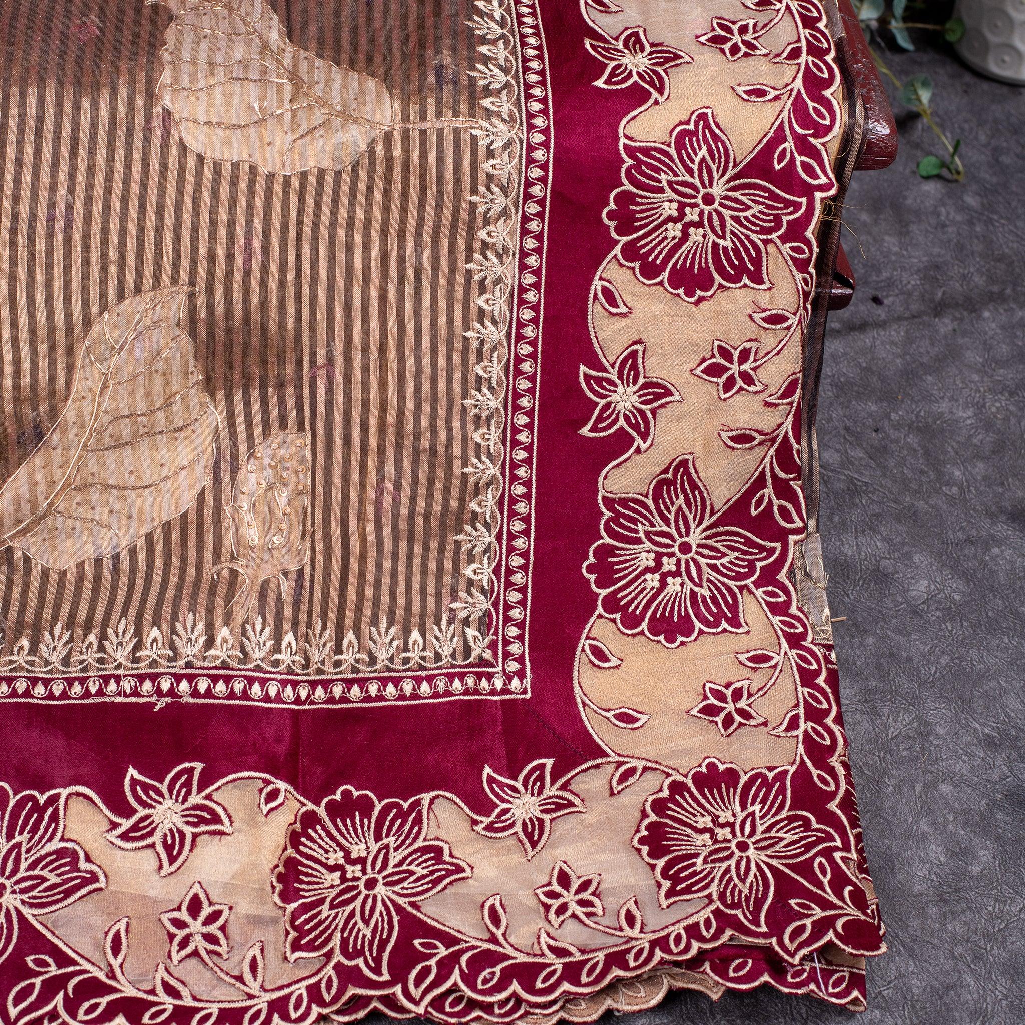 Tissue Organza Saree – Vertical Stripes with Aari & Floral Cutwork Border - Kleem Boutique