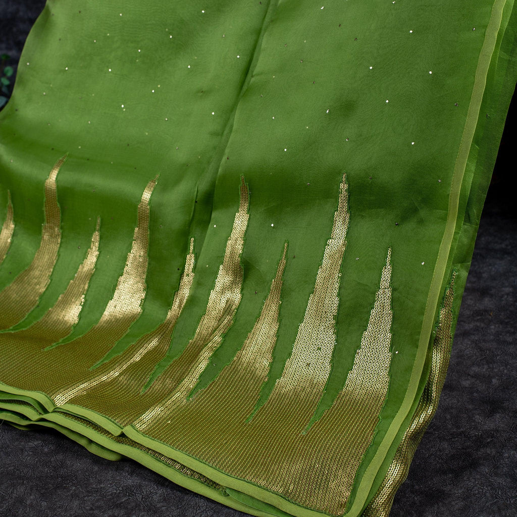 Pure Handloom Kora Silk Saree with Sequins Embroidery – Parrot Green