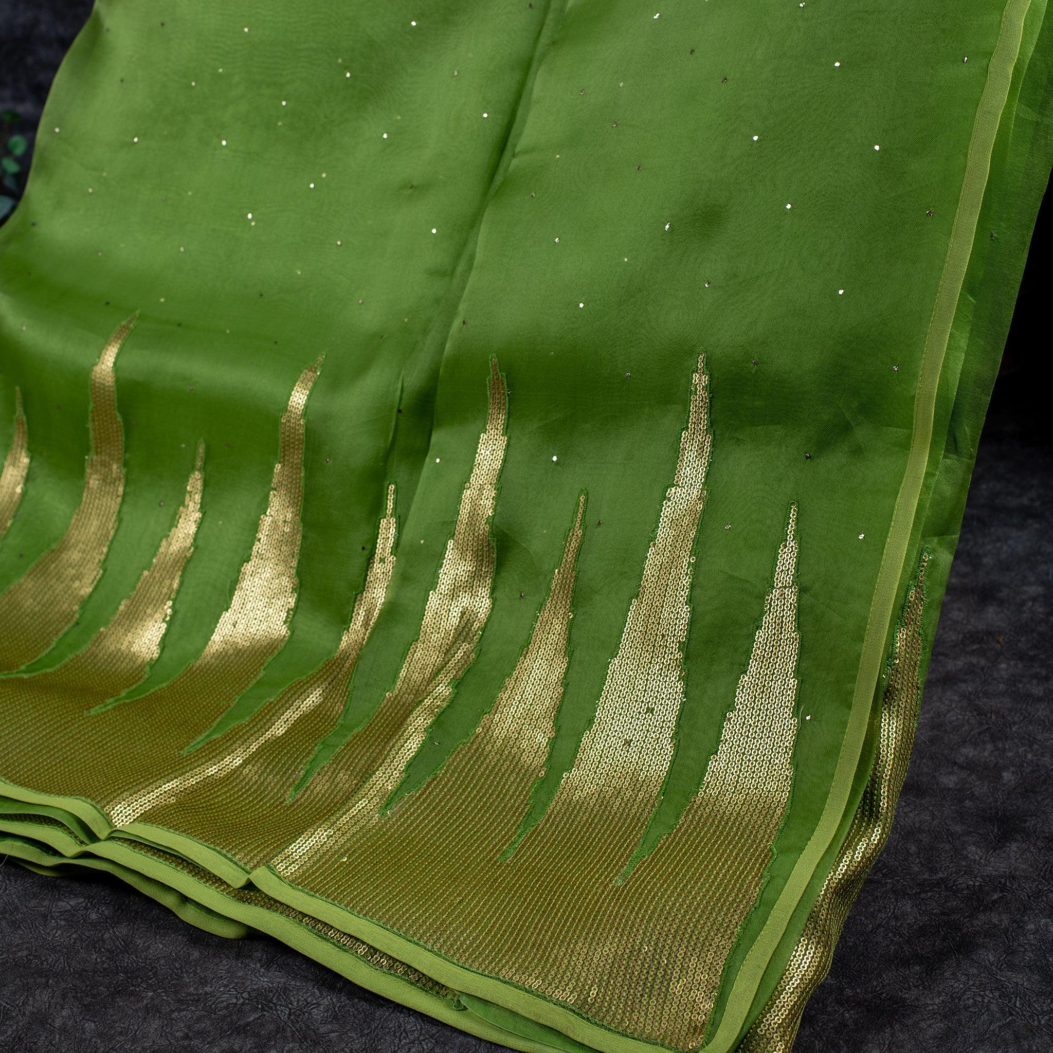 Pure Handloom Kora Silk Saree with Sequins Embroidery – Parrot Green