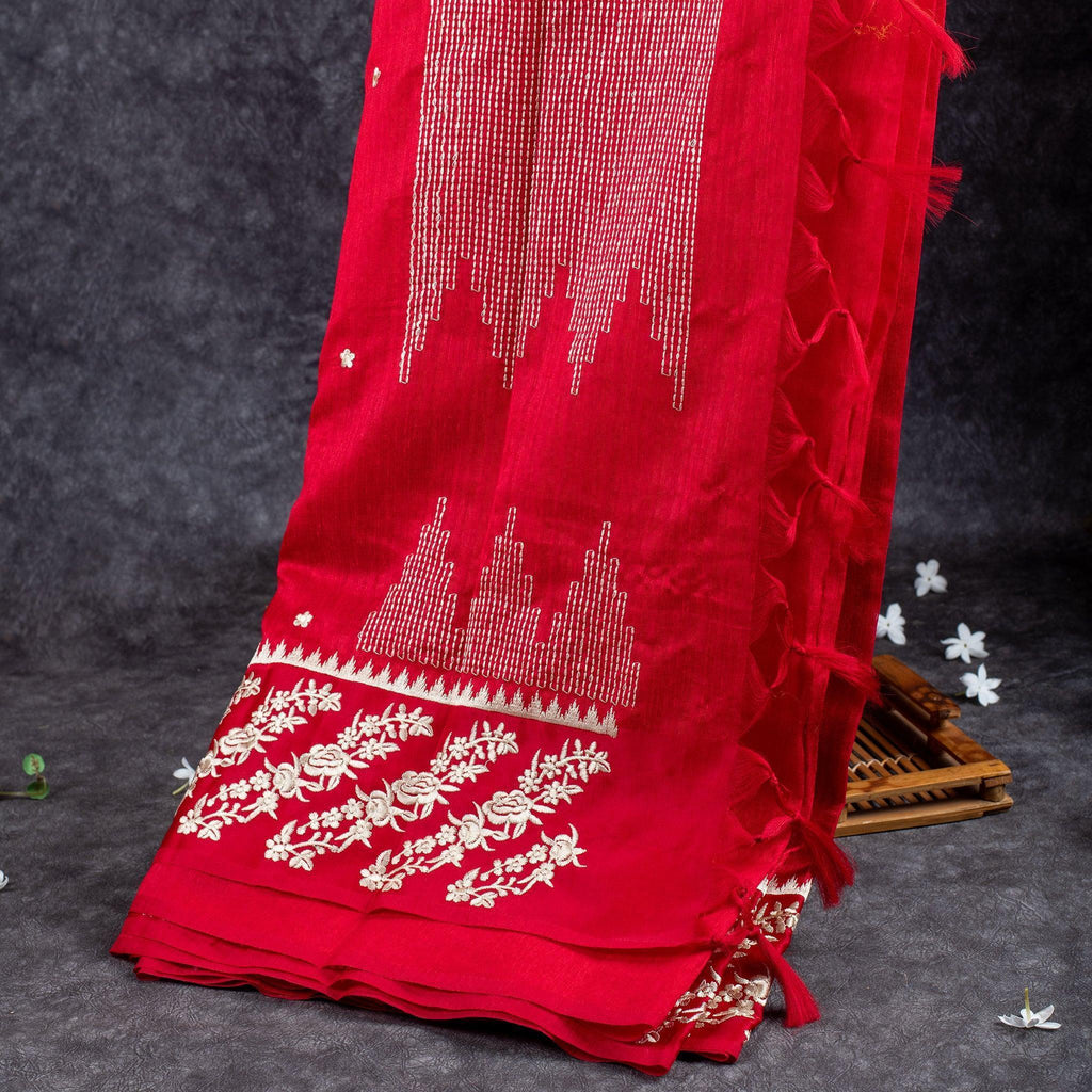 Handloom Cotton Silk Saree with Embroidery Work - Red - Kleem Boutique