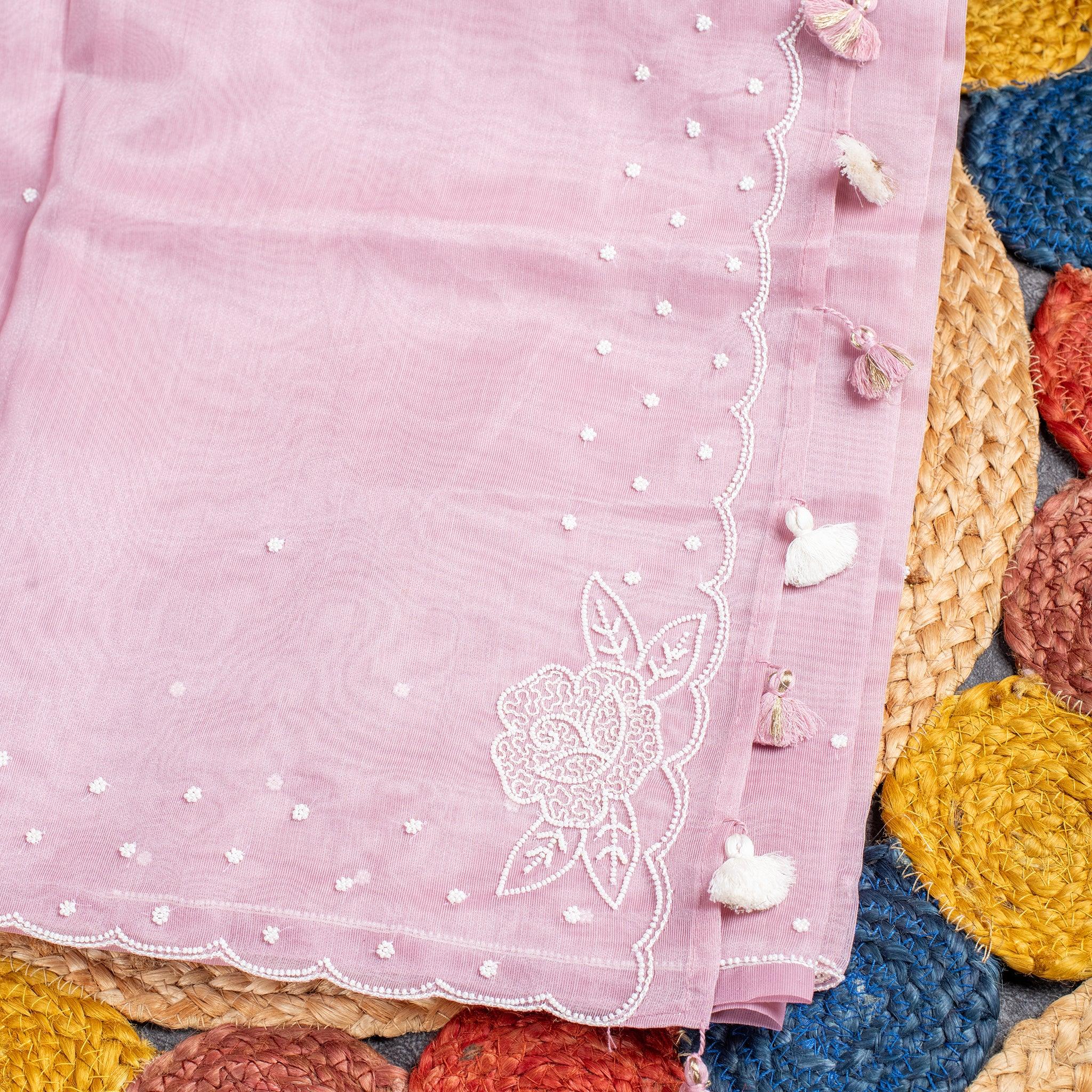 Jute Tissue Silk Saree with Mothi Embroidery – Onion Pink - Kleem Boutique