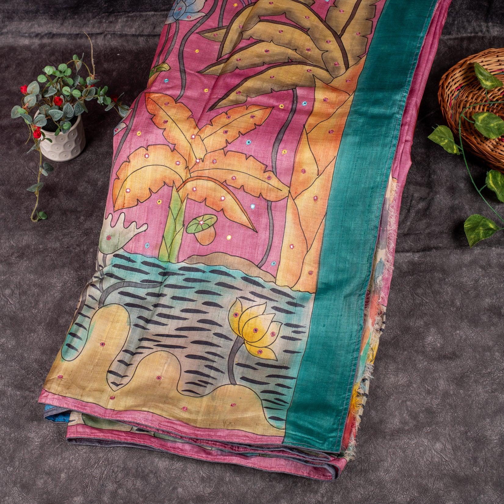 Pure Handloom Tussar Silk Pink Saree with Floral & Bird Digital Print - Kleem Boutique