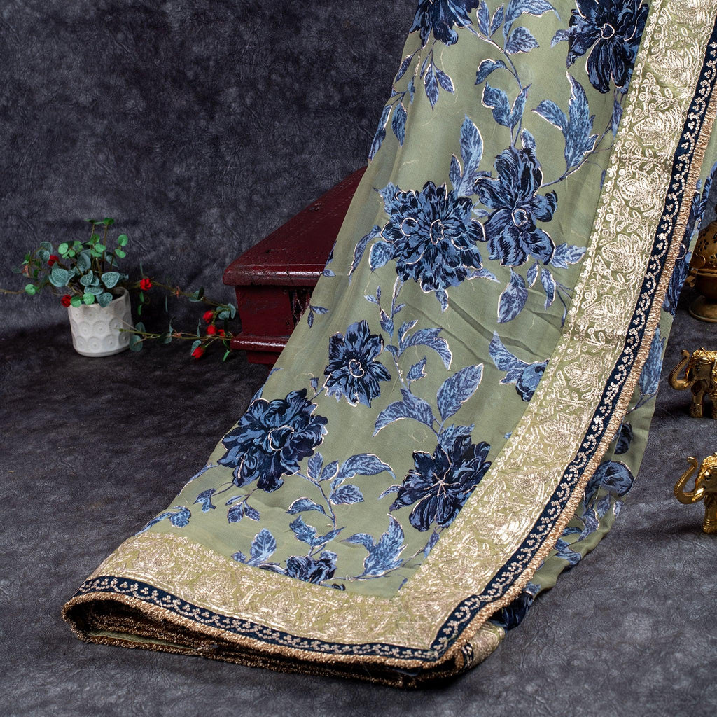 Handloom Georgette Saree with Floral Digital Print & Aari Border – Olive Green