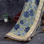 Handloom Georgette Saree with Floral Digital Print & Aari Border – Olive Green