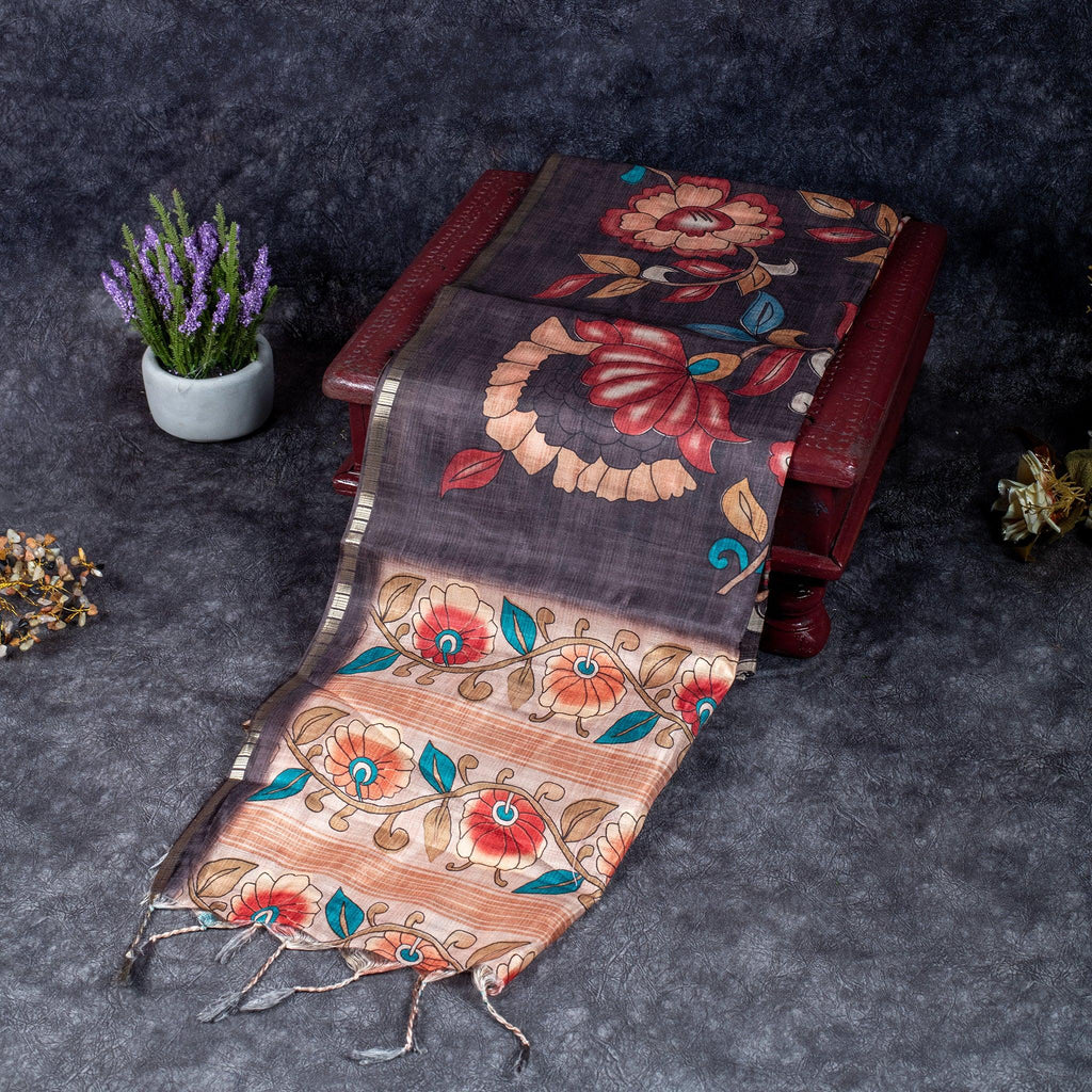 Semi Tussar Silk Saree – Kalamkari Floral Design with Zari Border - Kleem Boutique