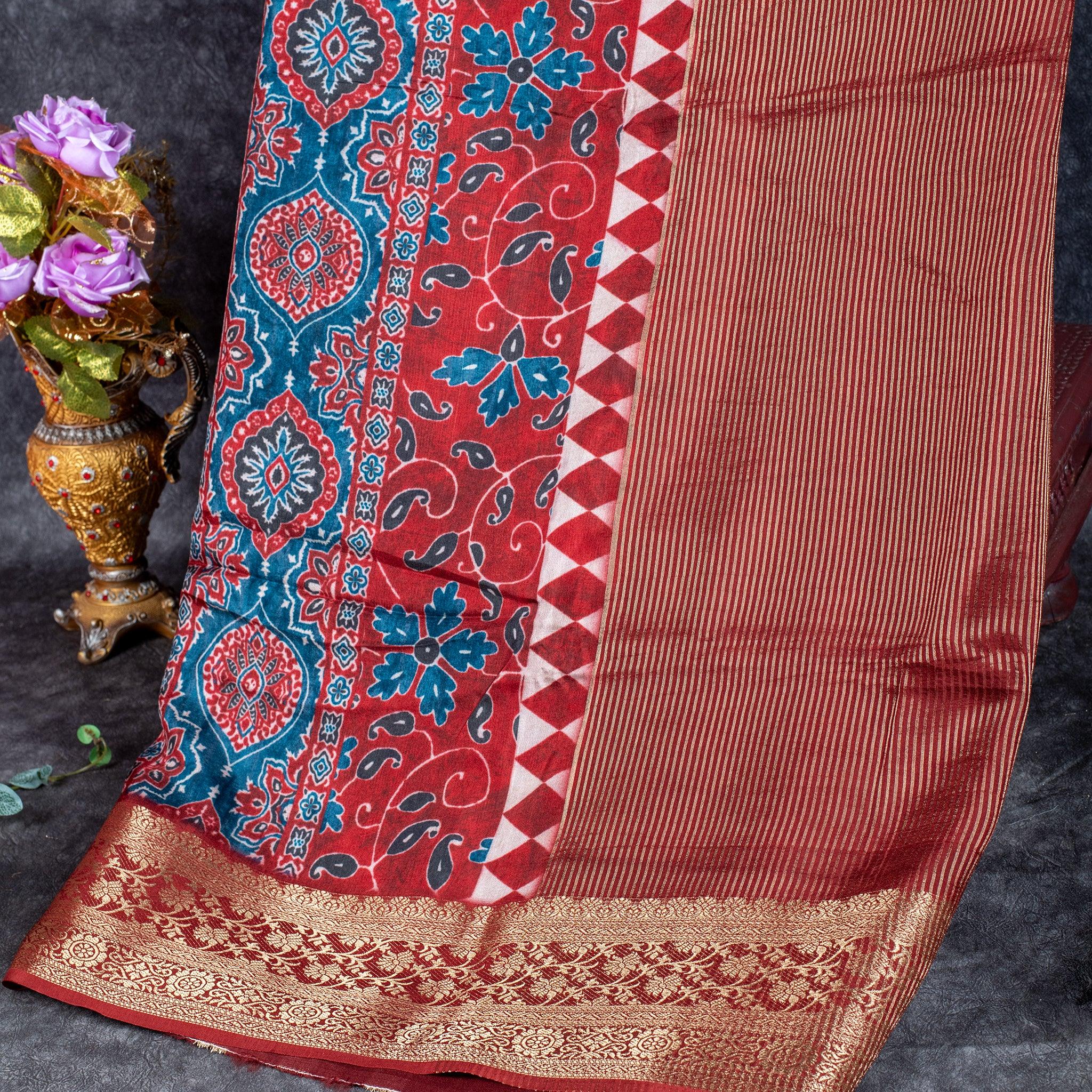 Jubilee Silk Ajrakh Saree-Red & Blue - Kleem Boutique