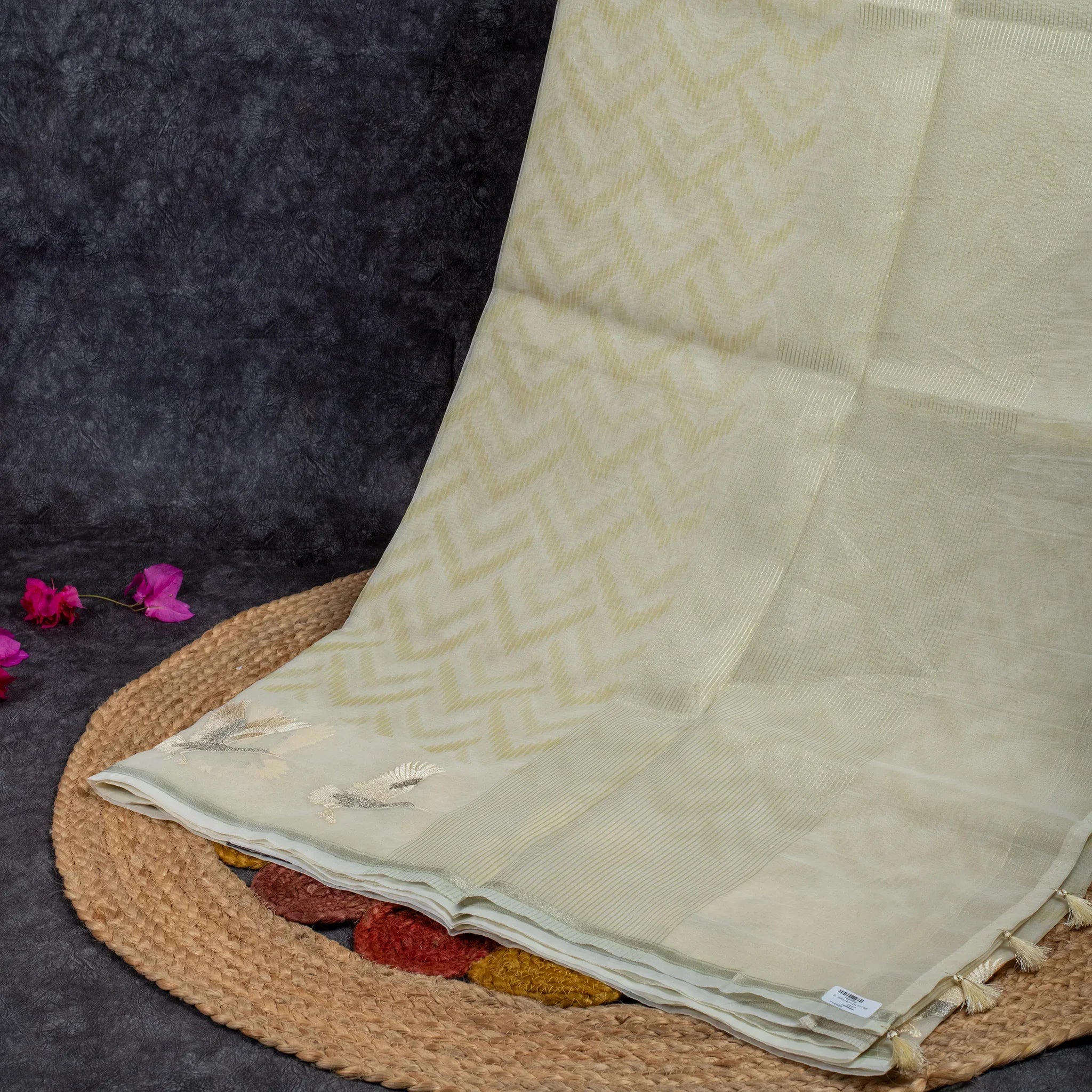 Organza Saree with Digital Print & Flamingo Embroidered Border - Lemon Yellow Secondary image