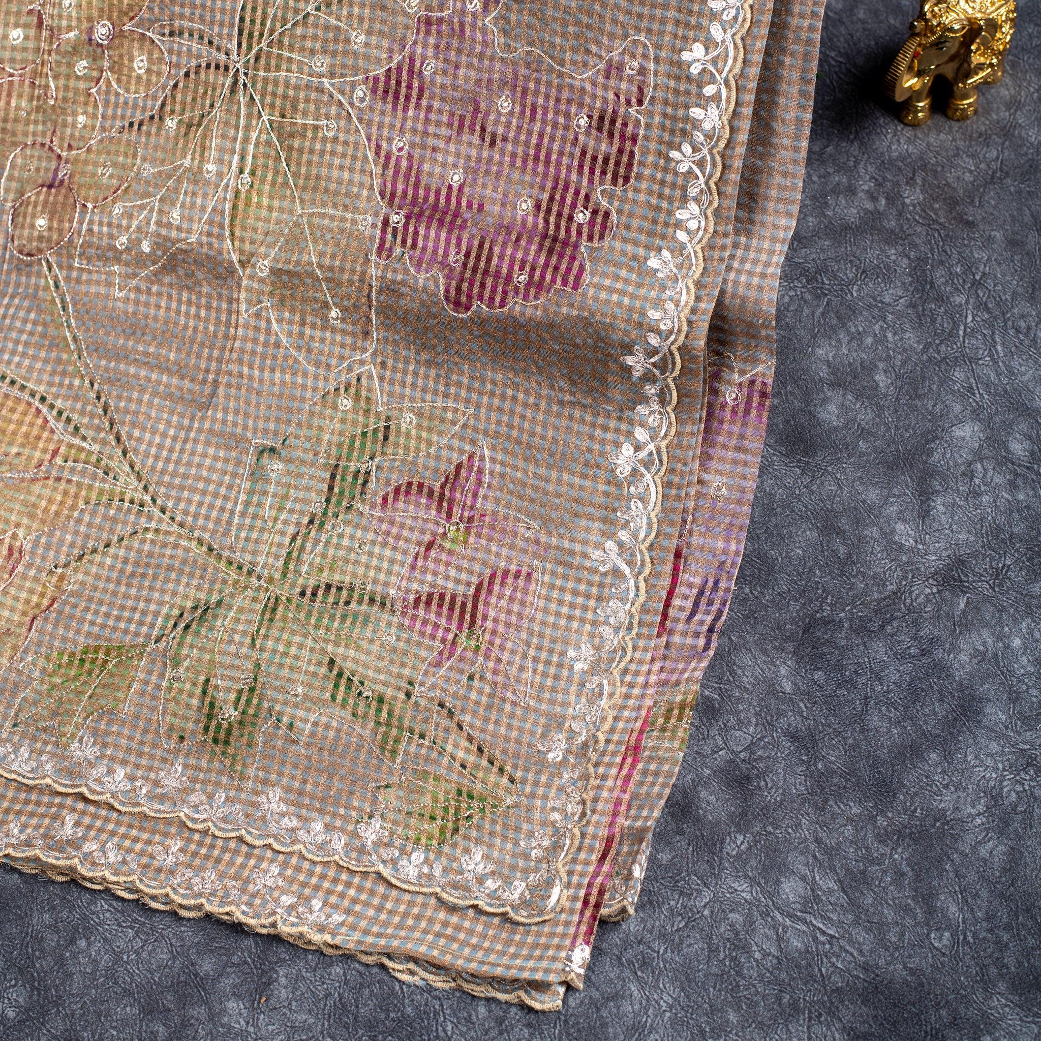 Pure Handloom Tissue Organza Saree with Self-Check Zari & Aari Scallop Border – Champagne Beige Secondary image