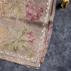 Pure Handloom Tissue Organza Saree with Self-Check Zari & Aari Scallop Border – Champagne Beige - Kleem Boutique