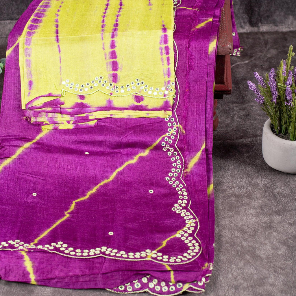 Pure Handloom Tussar Silk Purple Saree with Light Green Border & Mirror Embroidery - Kleem Boutique