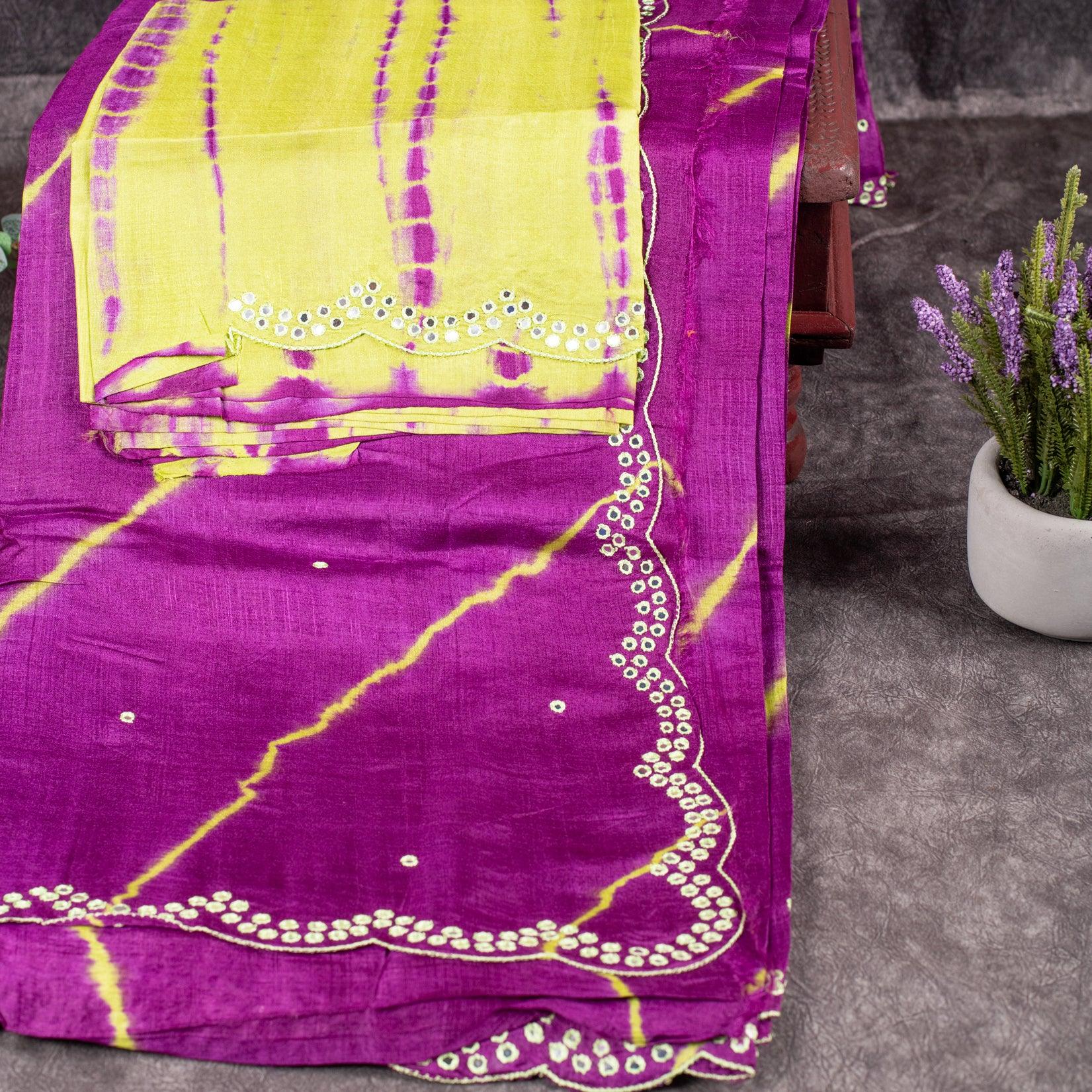 Pure Handloom Tussar Silk Purple Saree with Light Green Border & Mirror Embroidery - Kleem Boutique