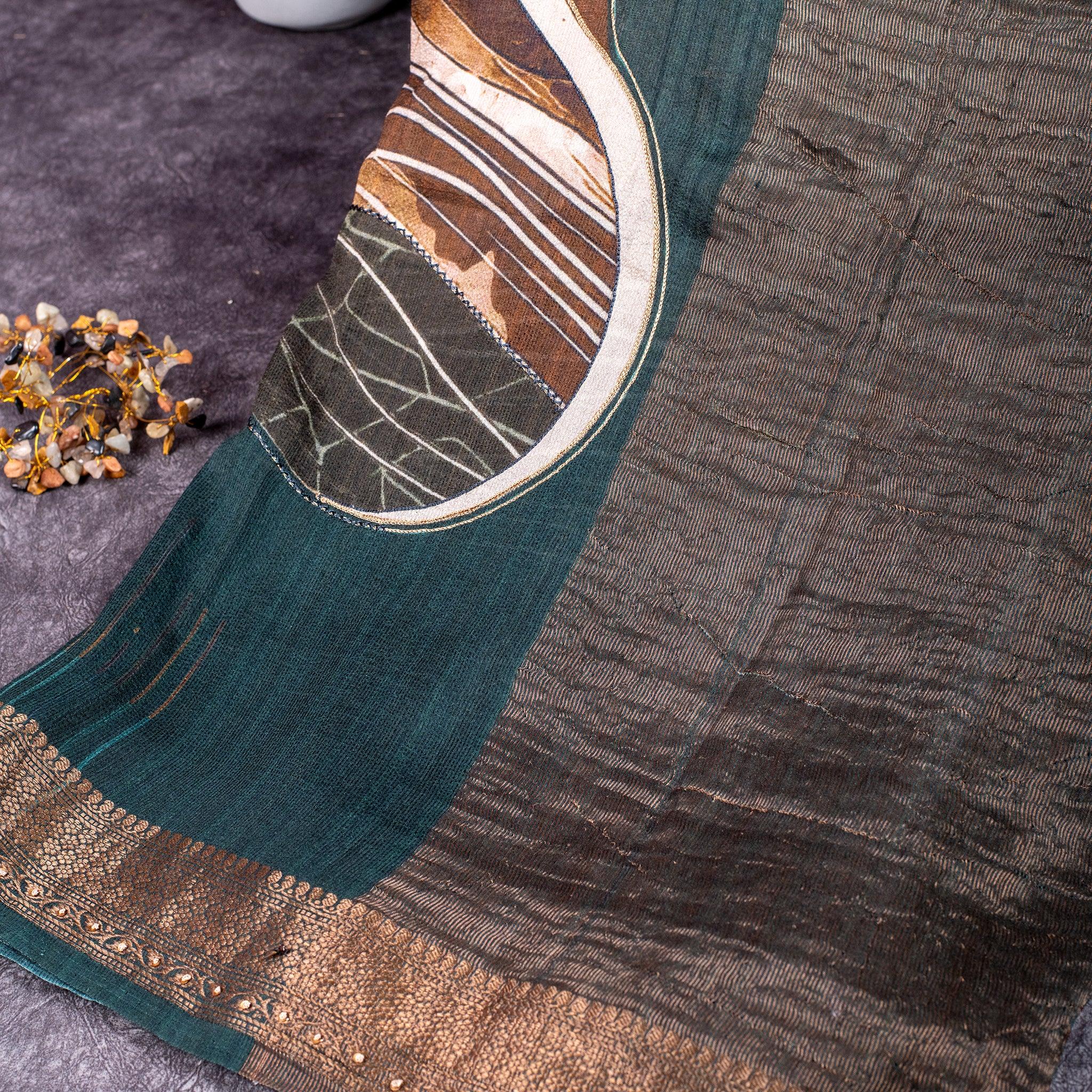 Handloom Soft Tussar Silk Saree – Digital Print with Antique Zari - Kleem Boutique